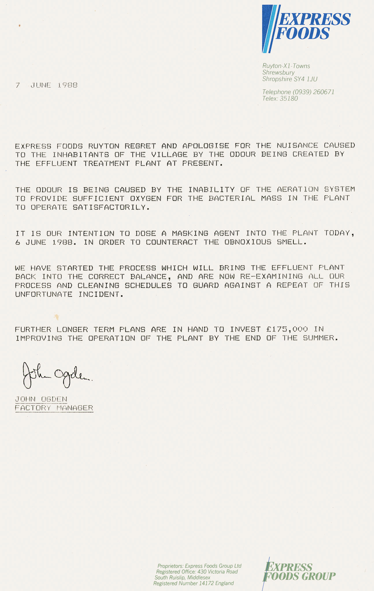 1988 letter to village ‘inhabitants’ from N.J. Ogden, Express Foods Creamery Manager, apologising for further odour nuisance. (Ruyton Co-operative Dairies Archive)