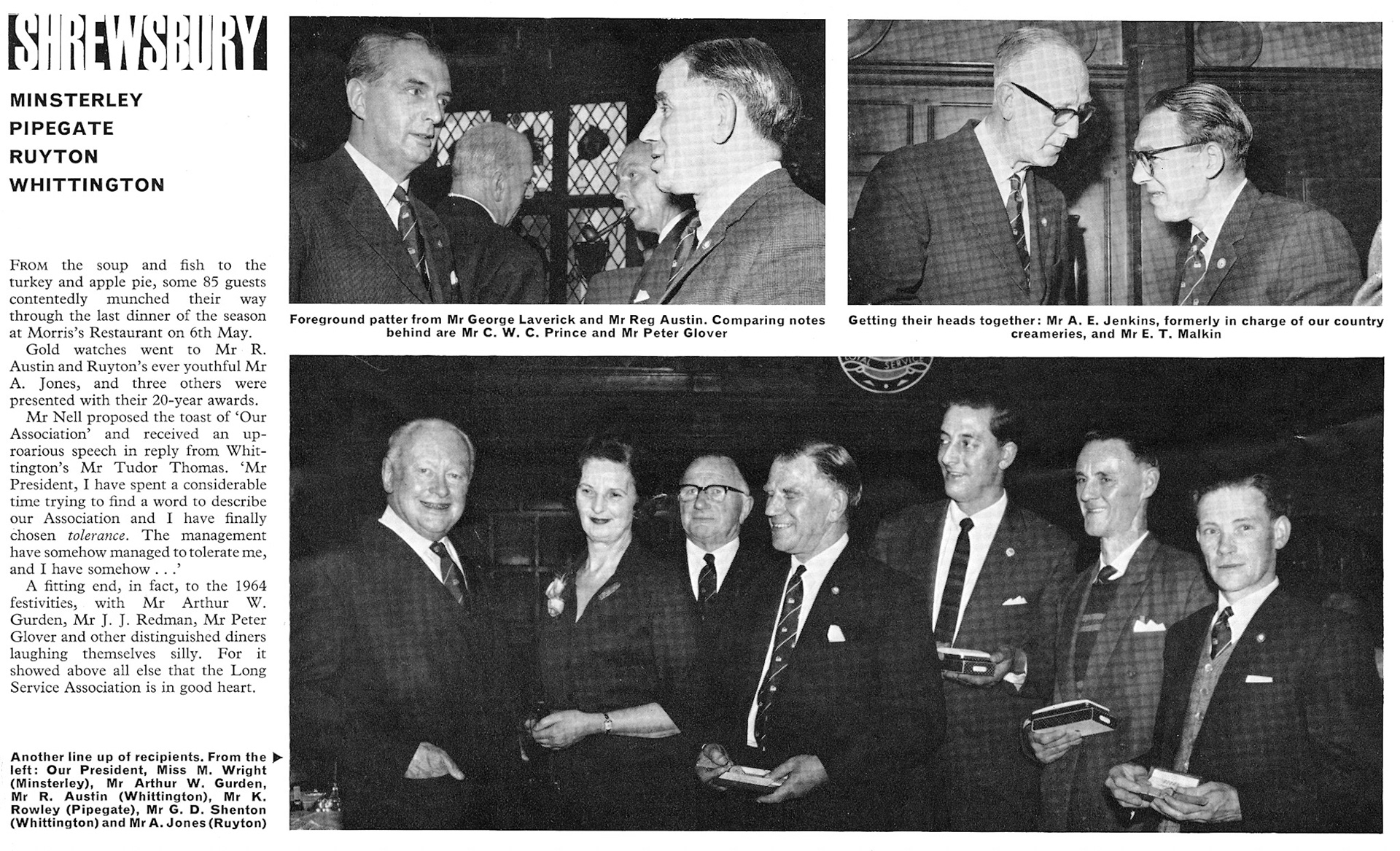 1964 Shrewsbury Long Service Dinner with guests from Minsterley: Miss M. Wright, Mr Arthur Gurden, Whittington: Mr R. Austin and Mr G.D. Shenton, Pipegate: Mr K. Rowley and Ruyton: Mr. A. Jones . From August 'Express Extra' newsletter (Courtesy Paul Luke)