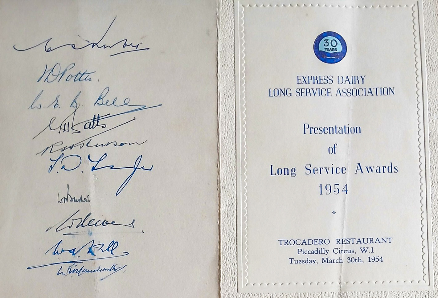 1954 Long Service Dinner at the Trocodero Restaurant. (Courtesy Paul Smith)