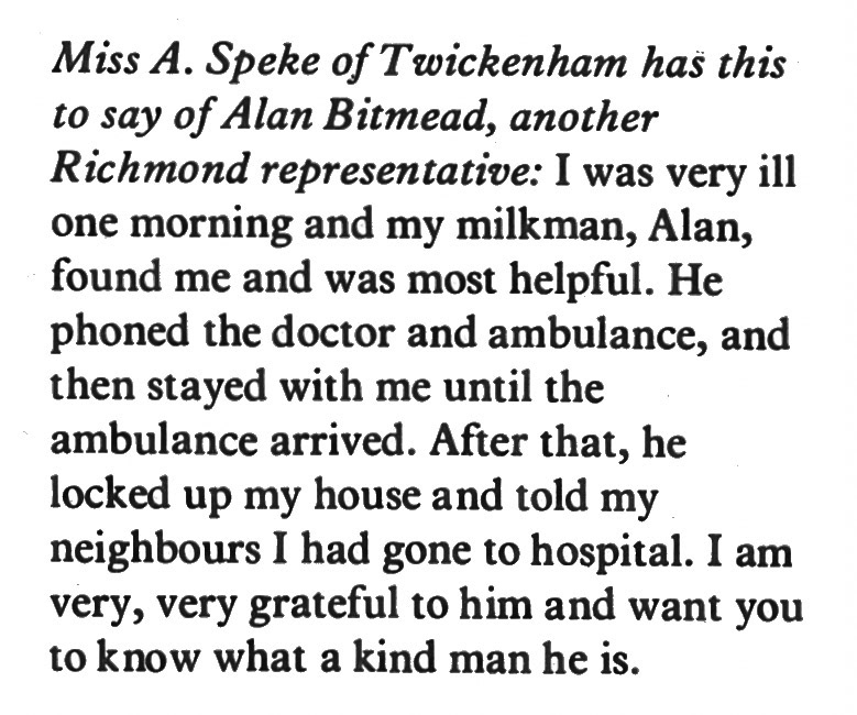 1978 Richmond milkman Alan Bitmead praised by a customer. (Express News Autumn)