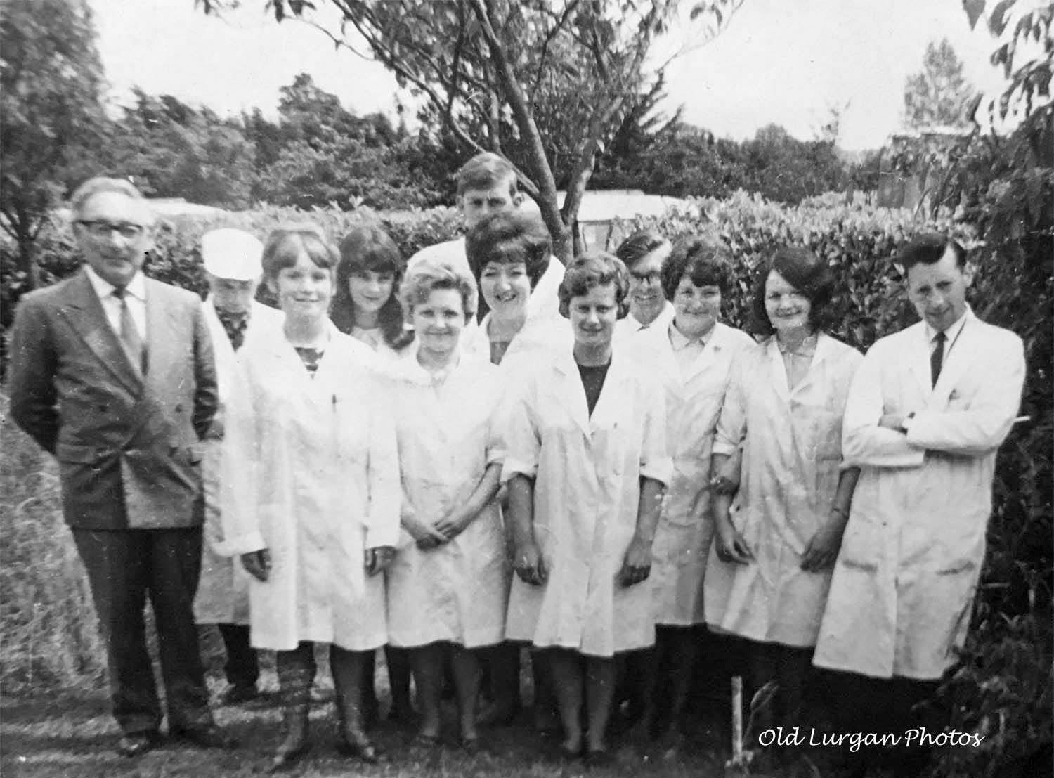 1960s Magheralin Creamery staff-Linden Allen, and his colleagues including Norman Hardy, Harry Gracey, Anne Dawson, Norma Dawson, Linden Allen, Margaret Whiteside, Marie McNeill, Errol McDowell, Linda Banks, Freda Geddis, Sam Gardiner. (Courtesy Old Lurgan Photos FB Group)