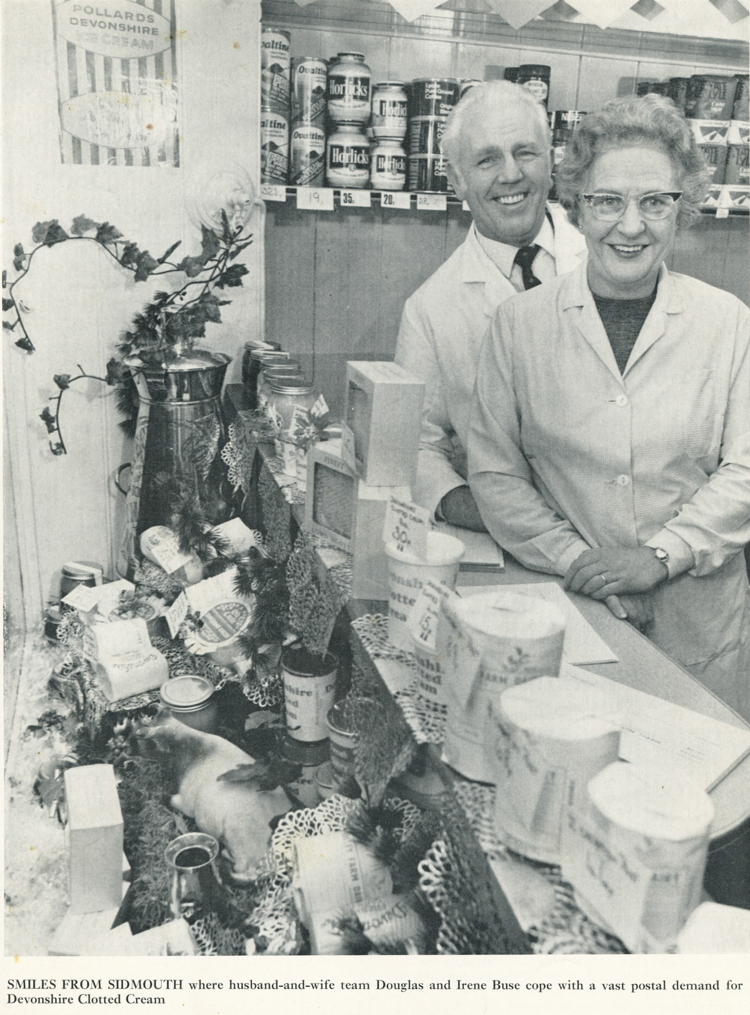 1972 Smiles from Sidmouth, where Douglas and Irene Buse cope with a vast postal demand for Devonshire Clotted Cream