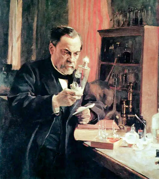 Louis Pasteur (1822-1895), French microbiologist and chemist, in his laboratory. Louis Pasteur proved the germ theory of disease, which holds that germs attack the body from the outside. This explained diseases such as anthrax and meant that he could develop the first vaccine for rabies. He also showed that organisms such as bacteria were responsible for souring wine and milk and they could be removed by boiling and then cooling the liquid. This process is now known as pasteurisation. Image from La Conquete Du Monde Invisible by Giuseppe Penso. (Courtesy Science Photo Library)