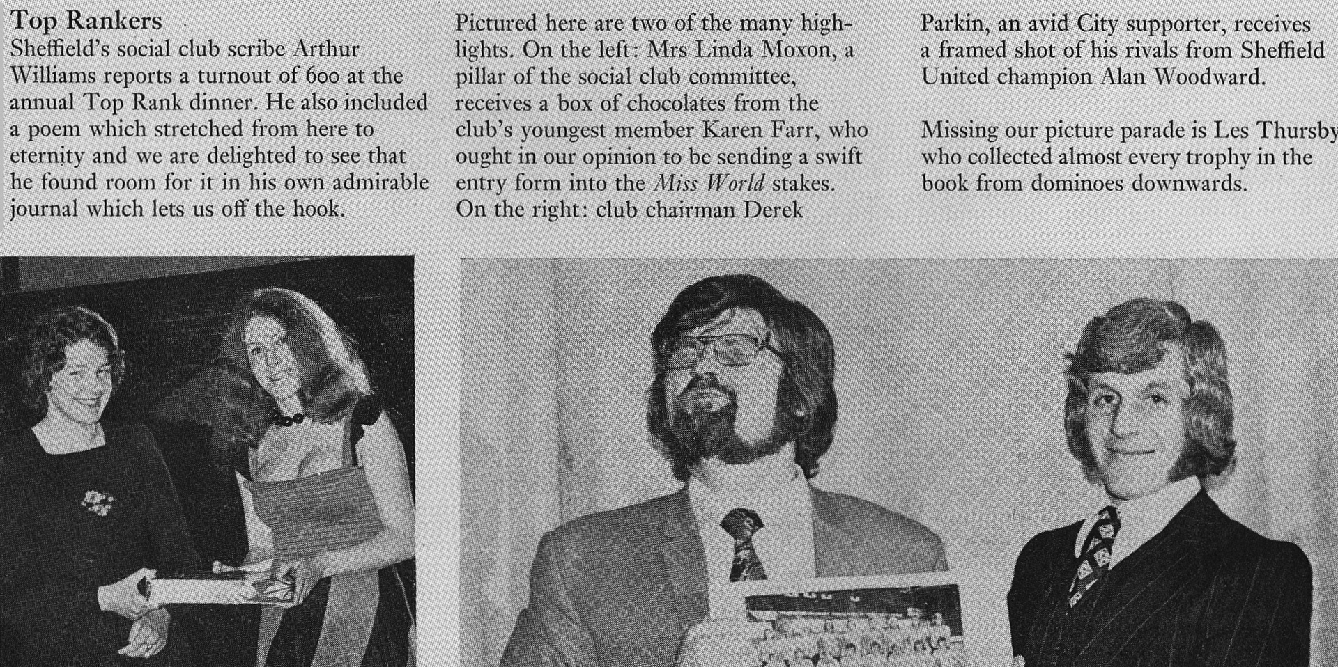 1974 Sheffield Social Club with Linda Moxon, Karen Farr, Derek Parkin and footballer Alan Woodward. (Express News Summer)