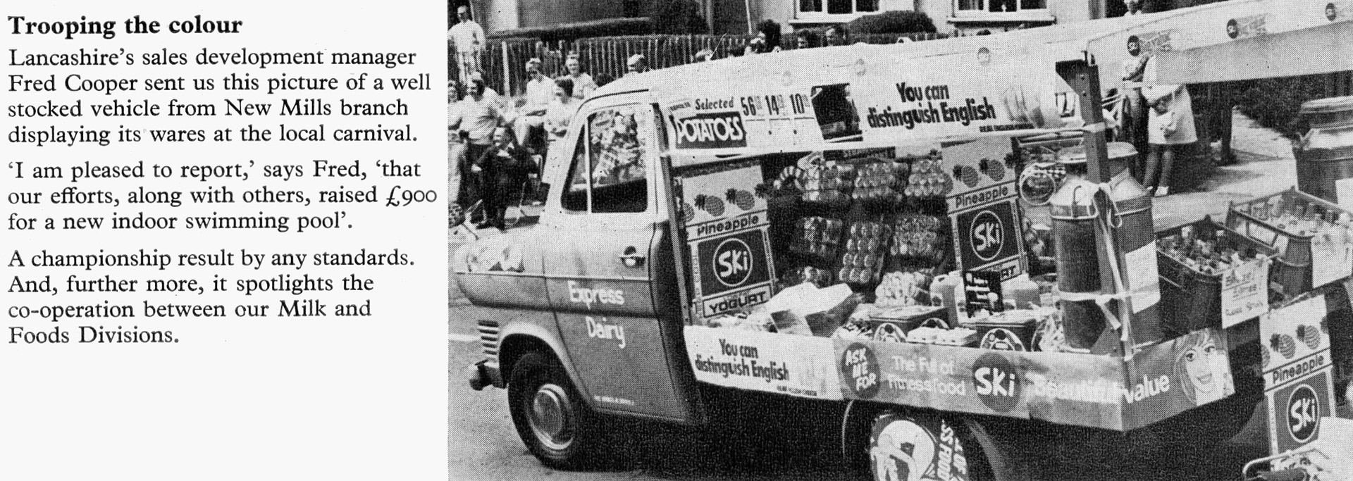 1974 New Mills, High Peak, Derbyshire carnival with Milk and Foods Division products together. (Express News Christmas)