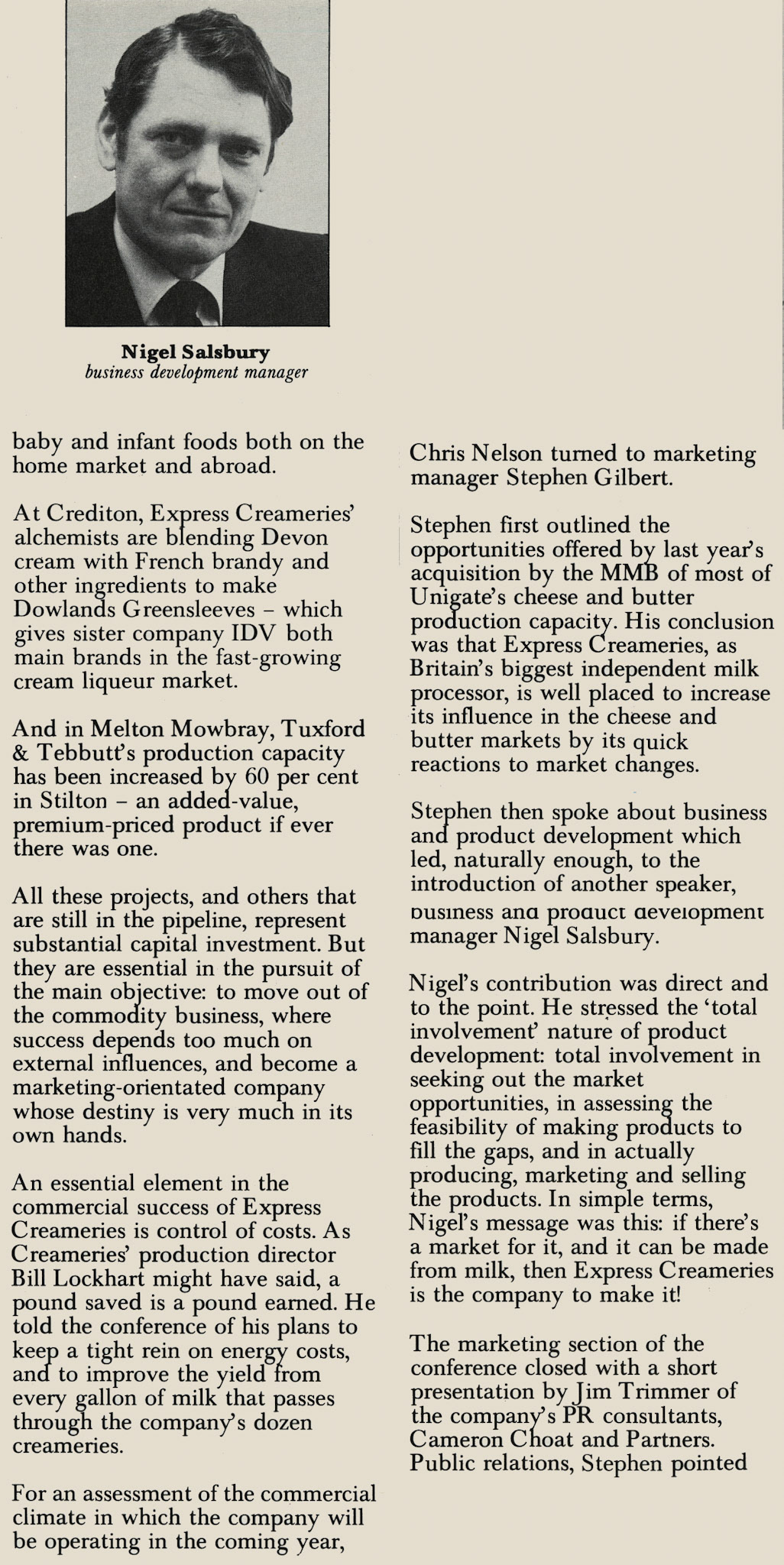 1980 Express Creameries feature, with Nigel Salsbury as Business Development Manager. (Express News April)