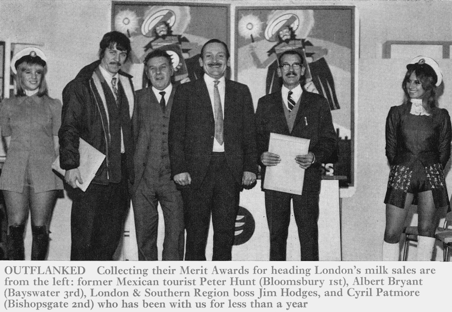 1972 London milk sales awards from Jim Hodges to Peter Hunt (Bloomsbury), Albert Bryant (Bayswater) and Cyril Patmore (Bishopsgate). (Express News Spring)