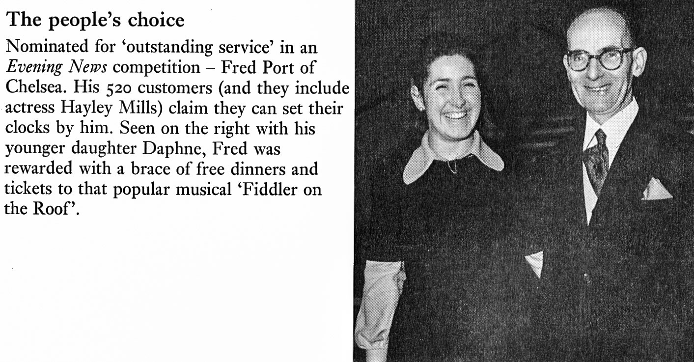 1972 Chelsea milkman Fred Port with his younger daughter Daphne is awarded for outstanding service.(Express News Summer)