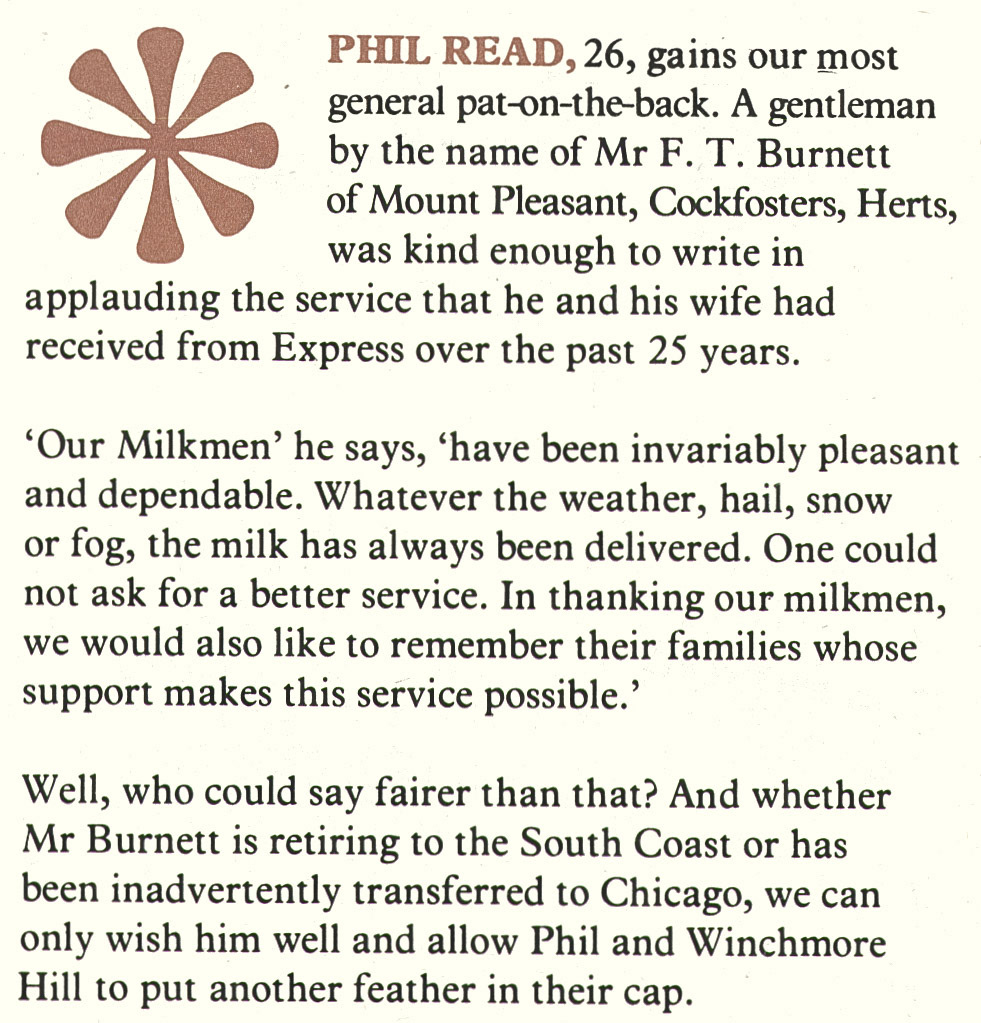 1977 Winchmore Hill milkman Phil Read receives praise. (Express News Spring)