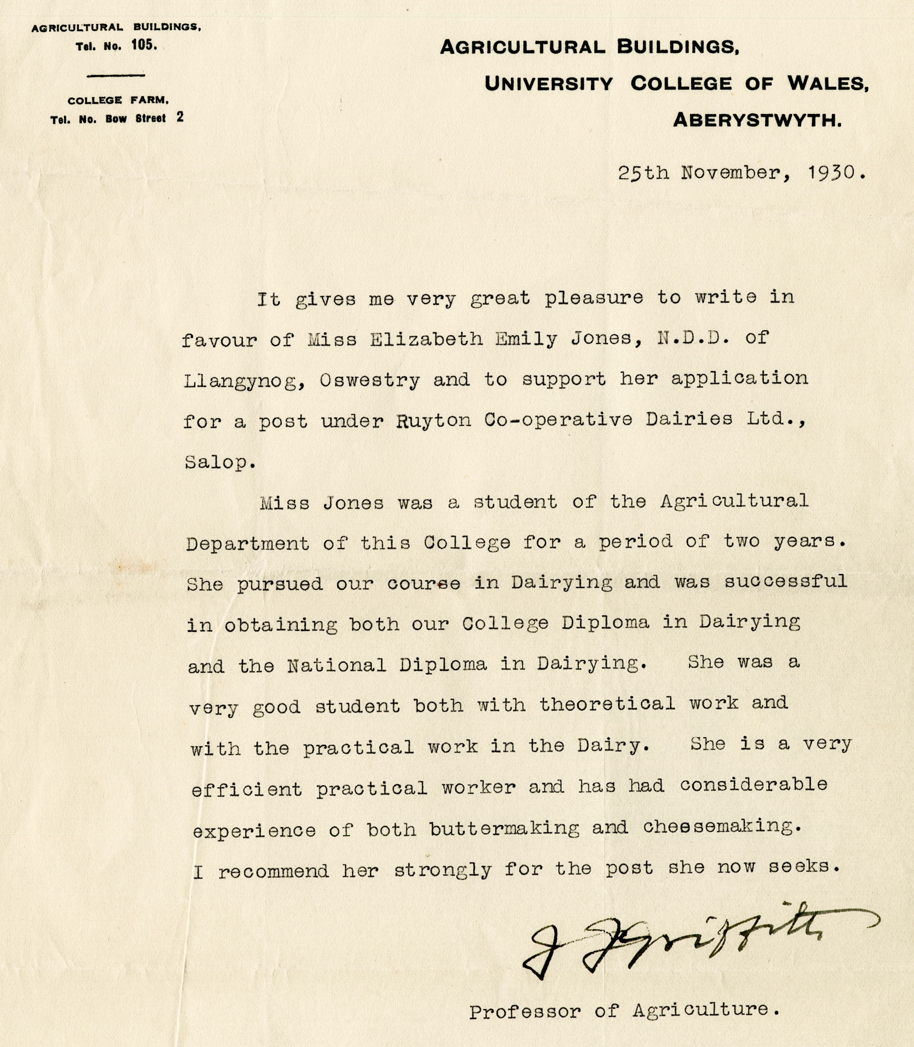 1930 Ruyton Co-operative Dairies-Cheesemaker Job Applications-Miss Emily Elizabeth Jones.