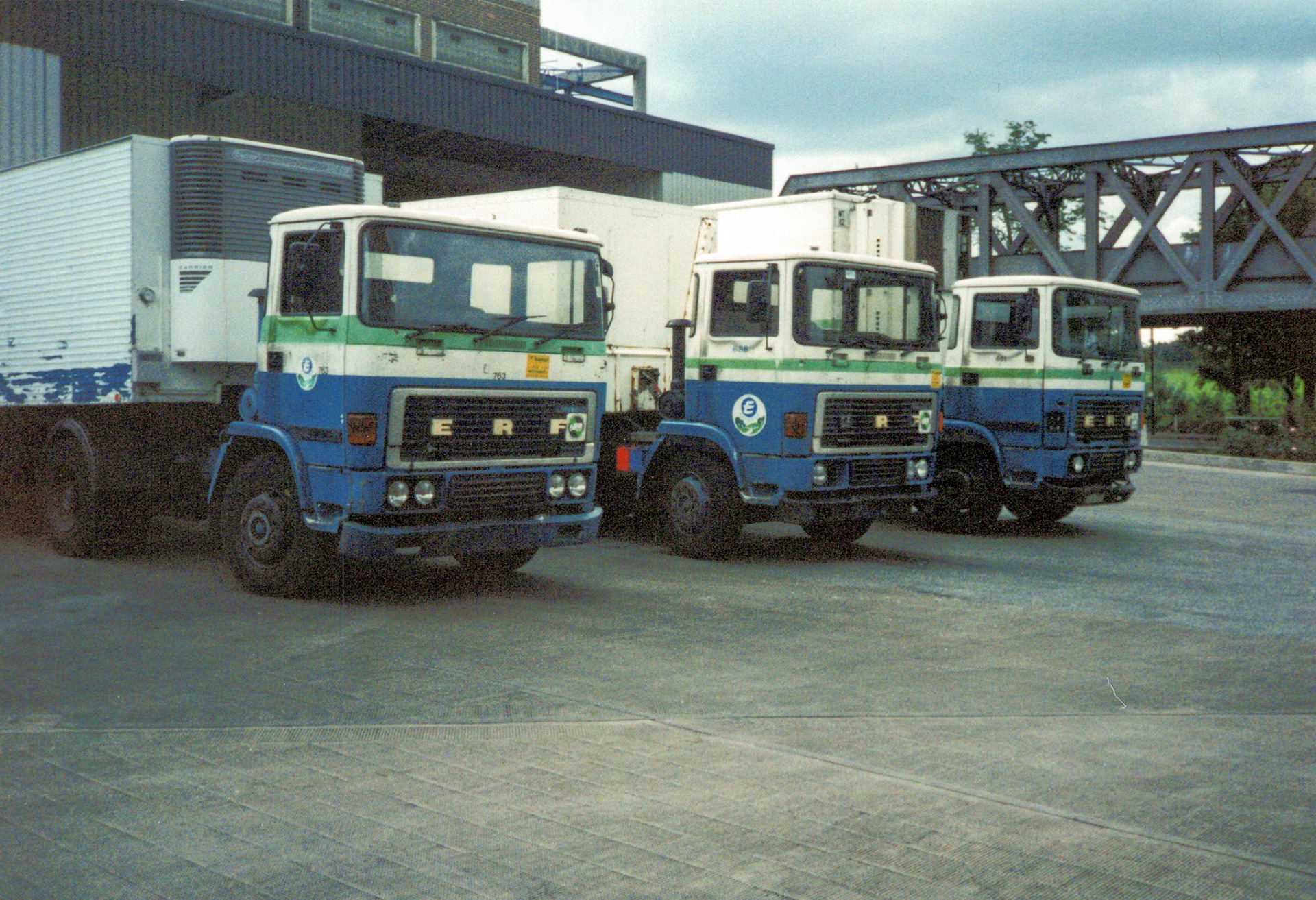 1980's 3 E.R.F. shunt lorries on the front bank of South Morden dairy (Courtesy Dave Fane)