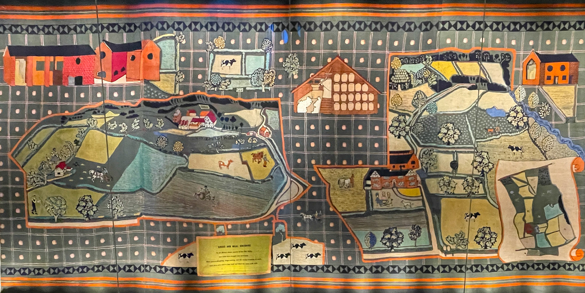 2023 Wall hanging depicting the county of Cheshire, showing regional character through landscape, buildings, animals, crops and produce. One of a series created by the artist Michael O'Connell (1898—1976) for the Festival of Britain. Made using a resist-dyeing technique, with the help ofa team of assistants. On display at the Museum of English Rural Life, Reading.