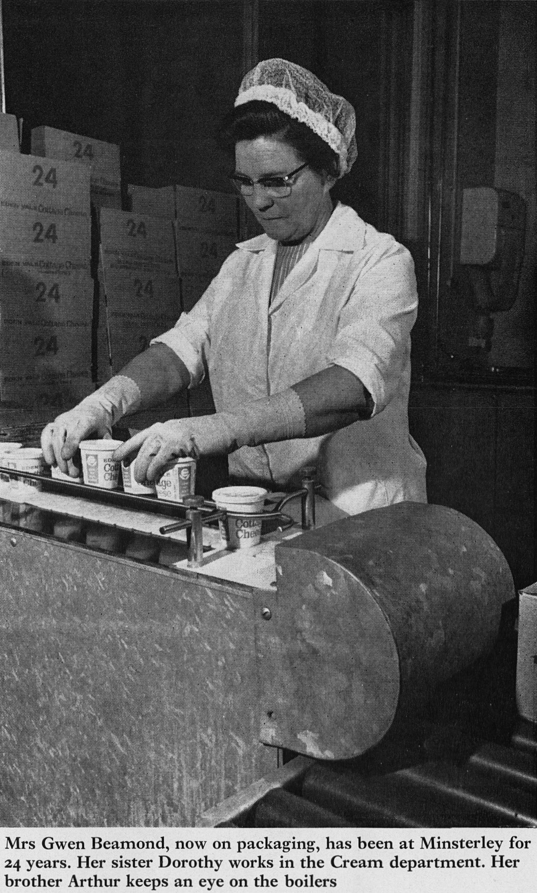 1972 Minsterley Cottage Cheese packing line with Mrs Gwen Beamond. Sister Dorothy works in the Cream Dept and brother Arthur tends the boilers. (Express News Autumn)
