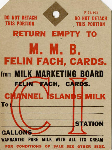 1960's Rail Tanker return label, Felin Fach. On arrival each wagon had a card clipped to a spring-loaded holder on the chassis. These were private-owner wagons that needed to be returned empty to the right creamery, hence these cards...Peter Roper comments "We received milk regularly from Felin Fach at South Morden in the 1970's. In the summer it was unfortunately necessary to reject many complete tankers because the milk had gone sour in transit. This was done with a simple COB test ('Clot on boil') i.e. the milk went solid when a sample was heated in a test-tube. In this case, the MMB was notified and they would instruct us to add a specified quantity of soda ash to the tank, to prevent the contents going solid. It was then returned to the creamery for milk powder. (Courtesy Peoples Collection Wales - Michael Morgan)