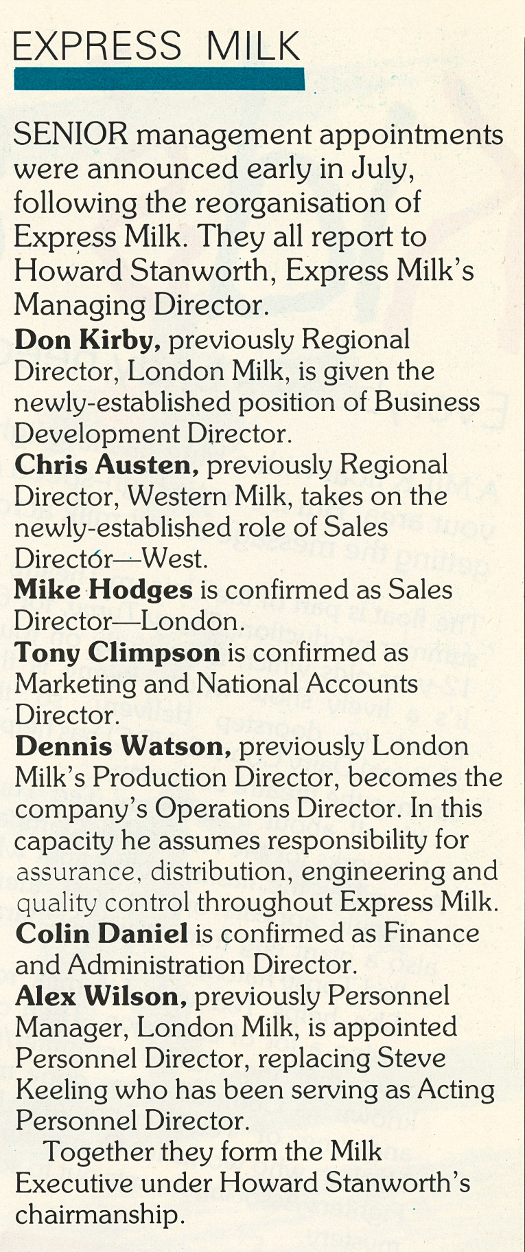 1985 - Milk Division Management Appointments