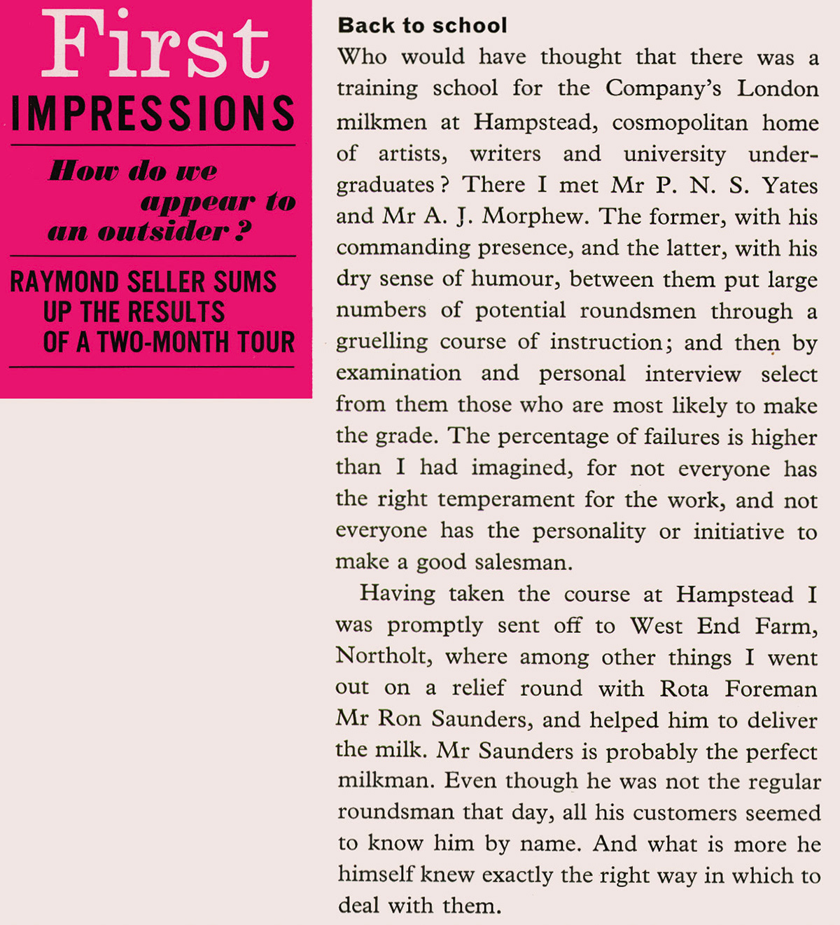 1963 Retail Staff Training and West End Farm, Northolt - extract from feature article by Raymond Seller, who joined Express to help edit 'Express News' (Express News Autumn)