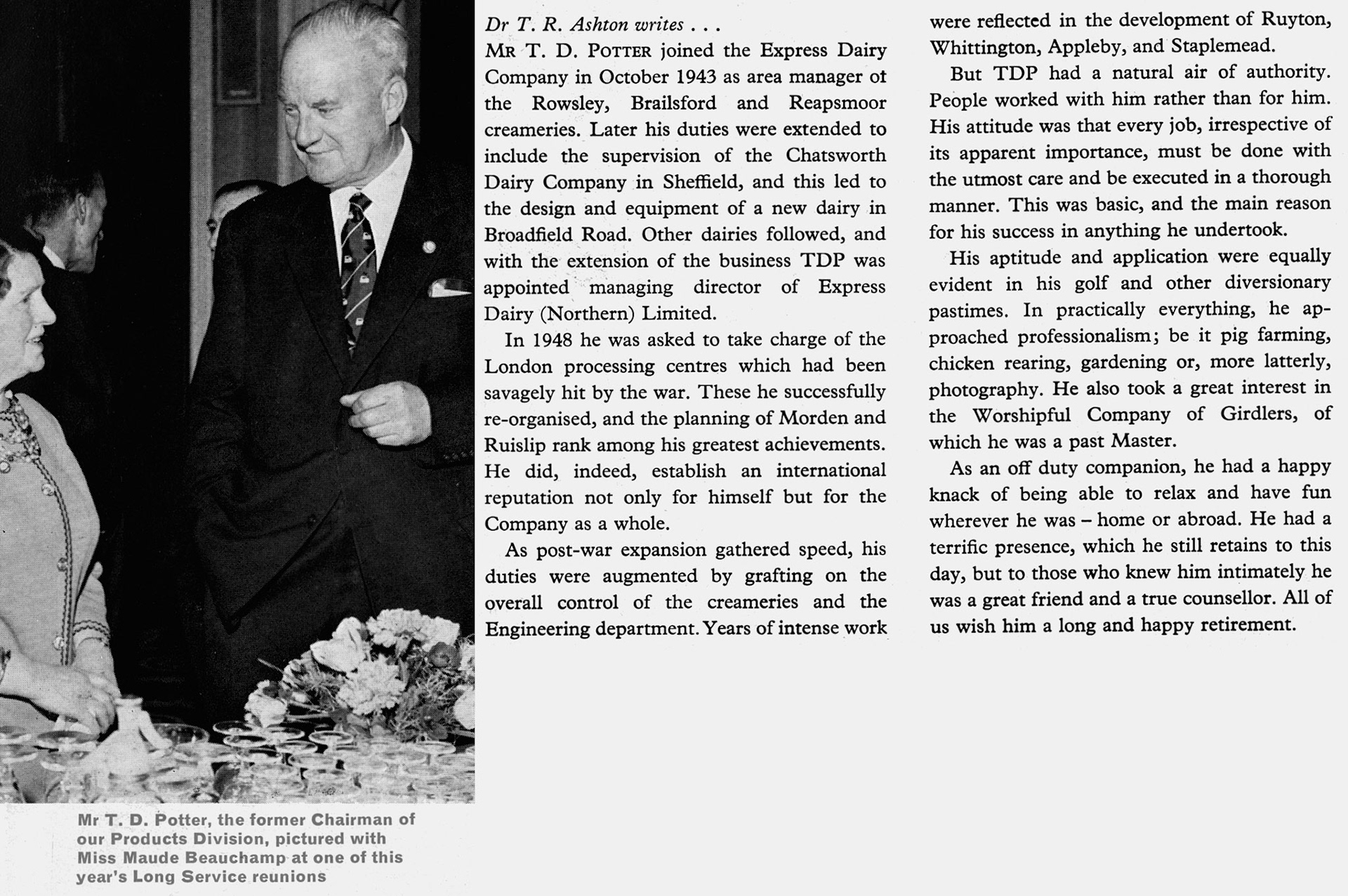 1965 T.D. Potter retires, with summary of his career written by Dr. Tom Ashton. (Express News Summer/Autumn)