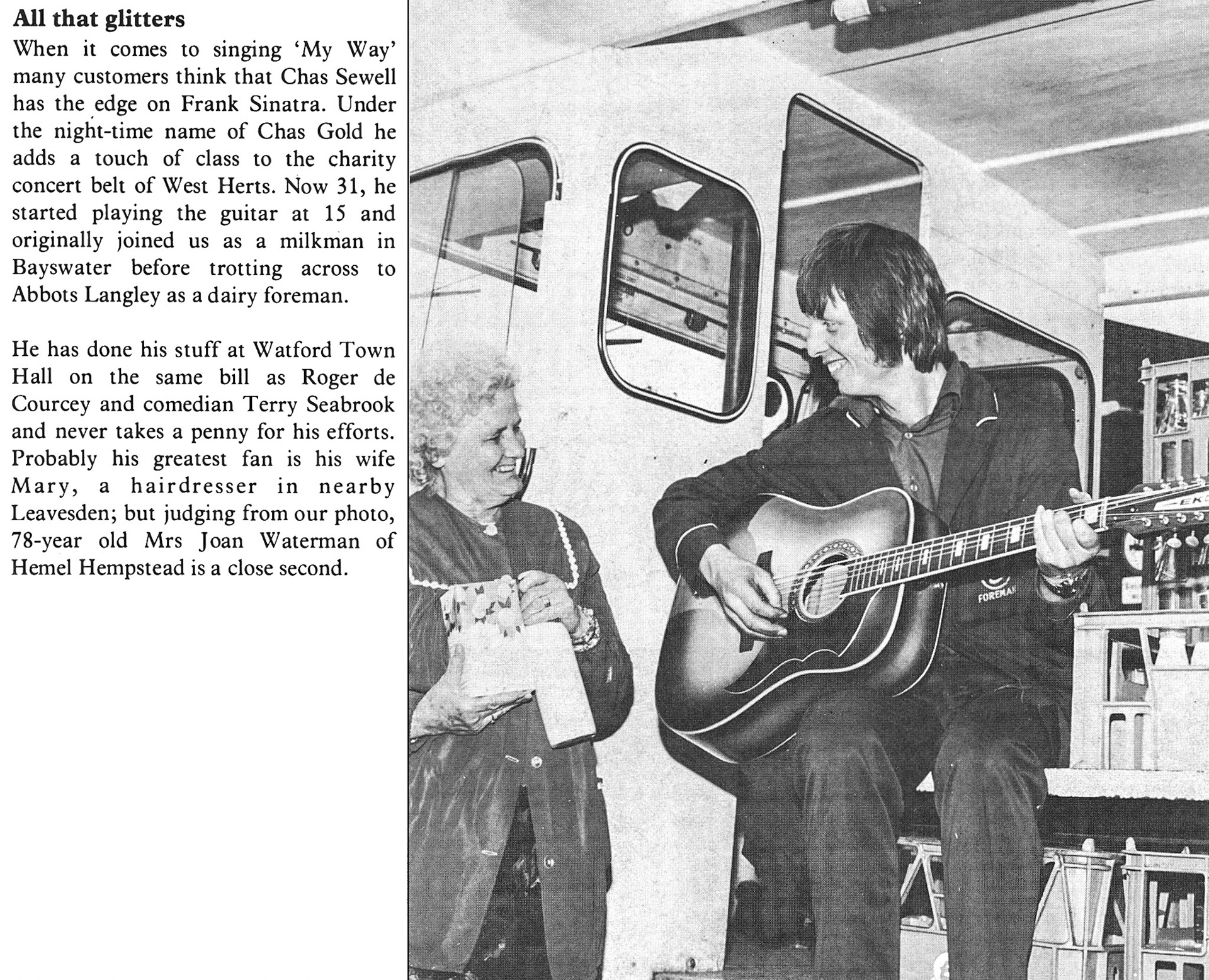 1978 Abbots Langley foreman Chas Sewell ('Chas Gold') plays the guitar for charity. (Express News Autumn)