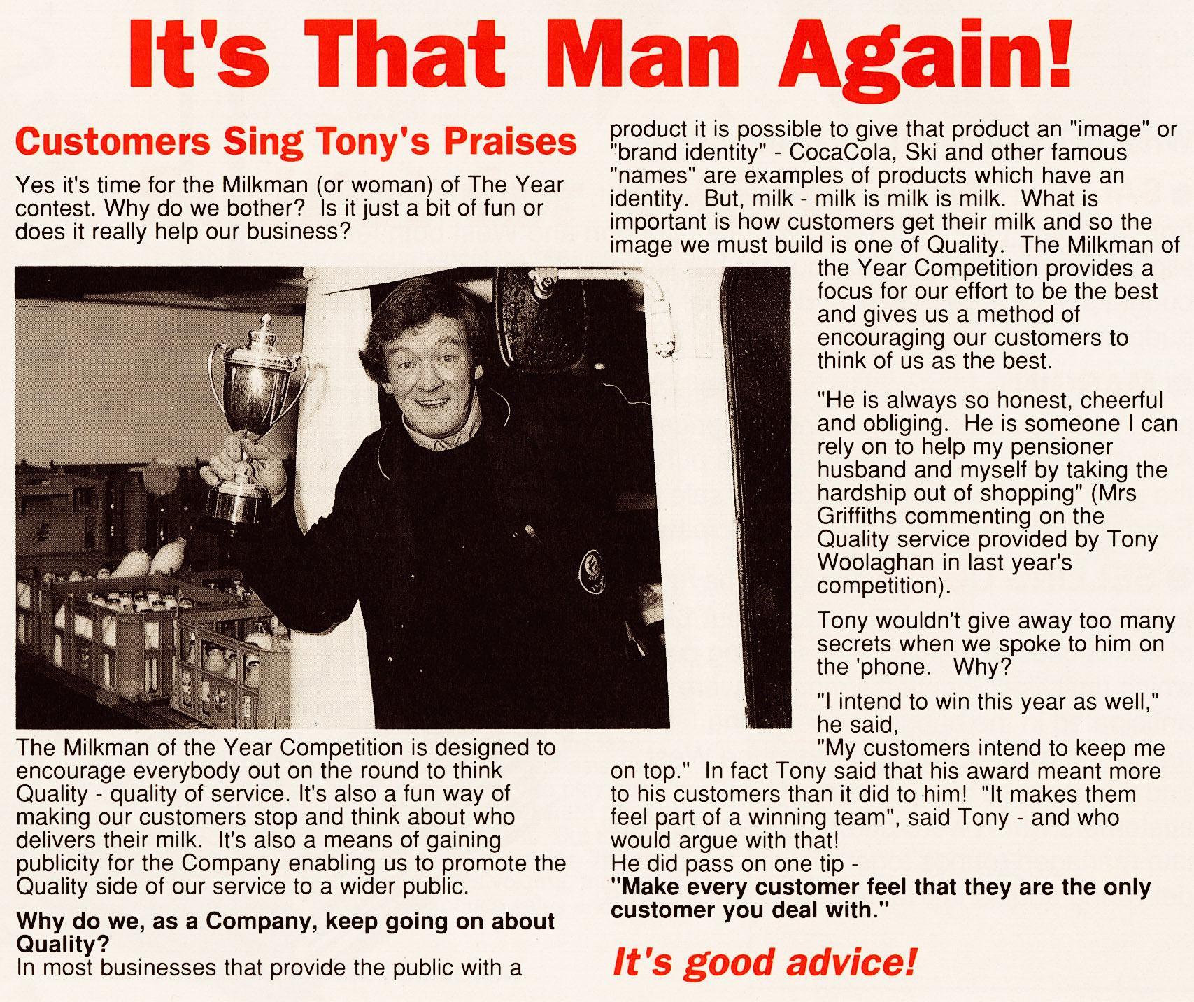 1989 Tony Woolaghan won the previous year's 'Milkman of the Year' (Tops Magazine-First Edition)