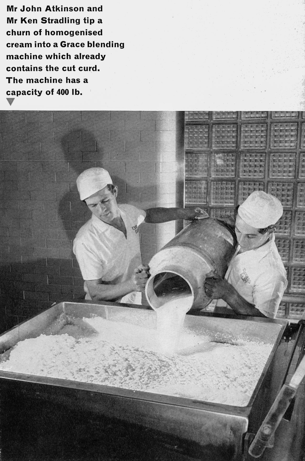 1963 Staplemead-extract from feature article-Mr John Atkinson and Mr Ken Stradling adds cream to the cottage cheese curds. (Express News Autumn)