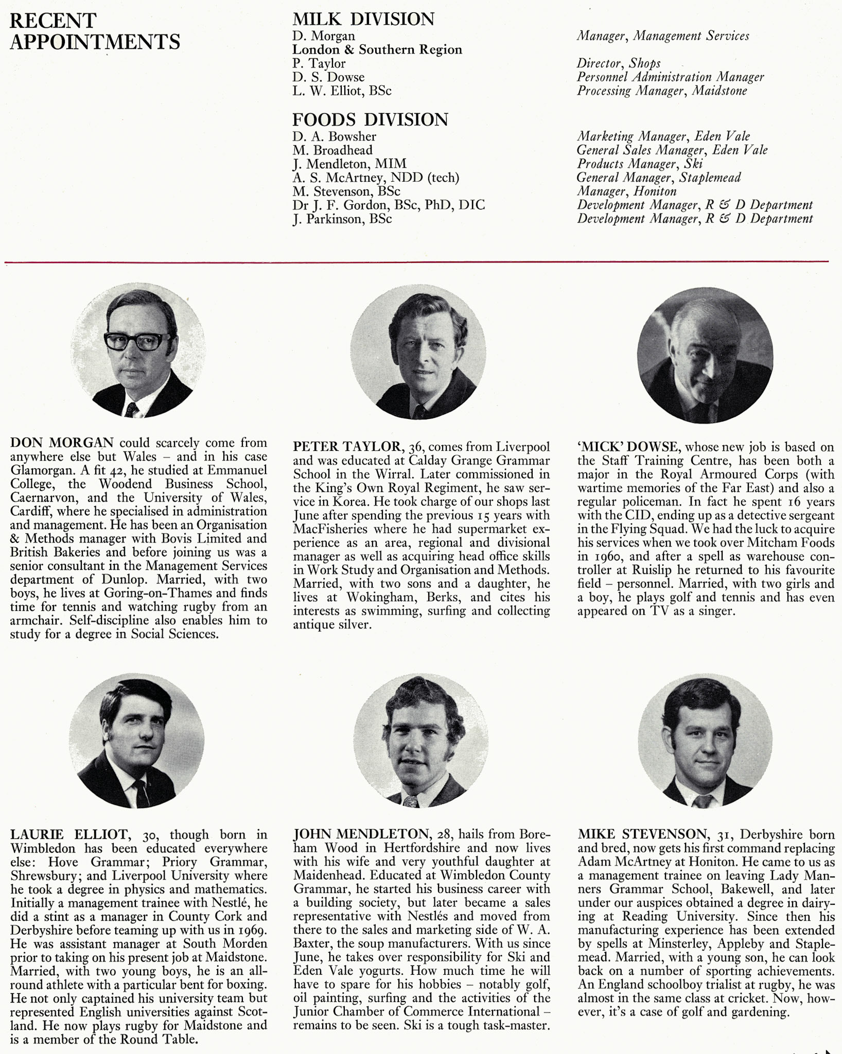 1971 Managerial appointments for Don Morgan, Peter Taylor, 'Mick' Dowse, Laurie Elliot, John Mendleton and Mike Stevenson. (Courtesy Doreen Williams)