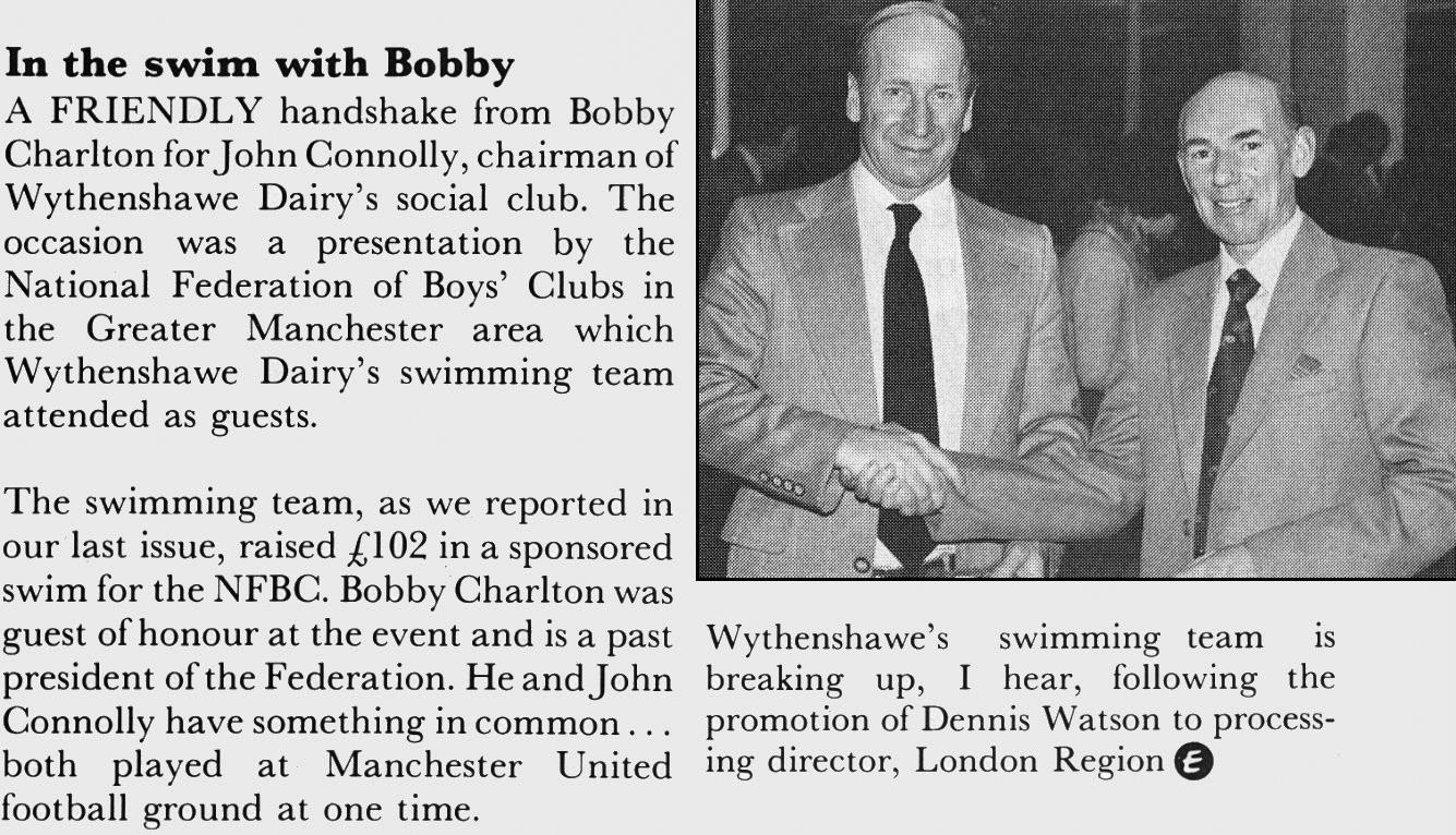 1981 John Connolly, chairman of Wythenshawe Social Club is presented with an award by Bobby Charlton, to thank the club for money raised for charity in a sponsored swim. (Express News July)
