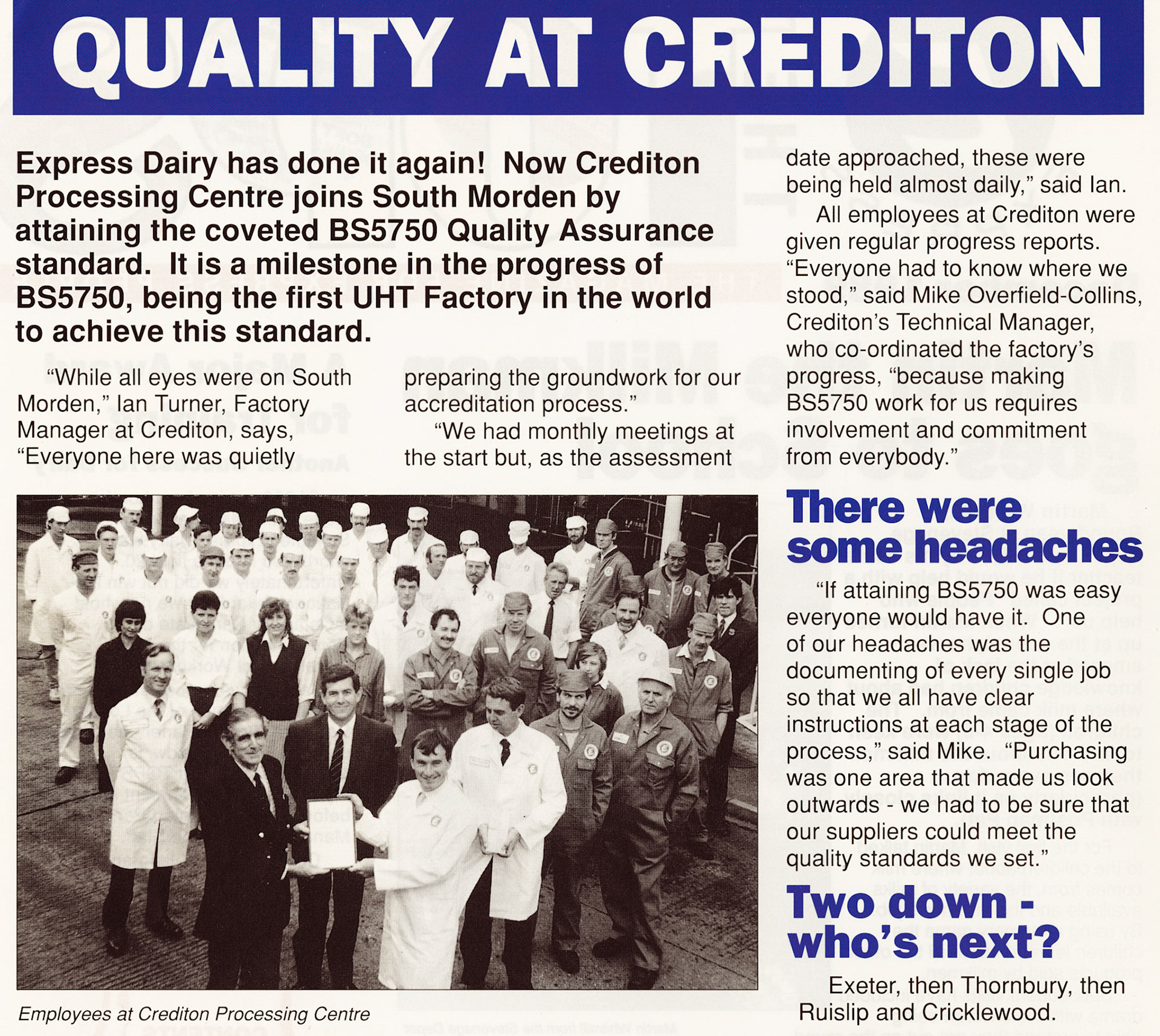 1989 Crediton Dairy awarded BS 5750 accreditation, featuring Ian Turner and Mike Overfield-Collins