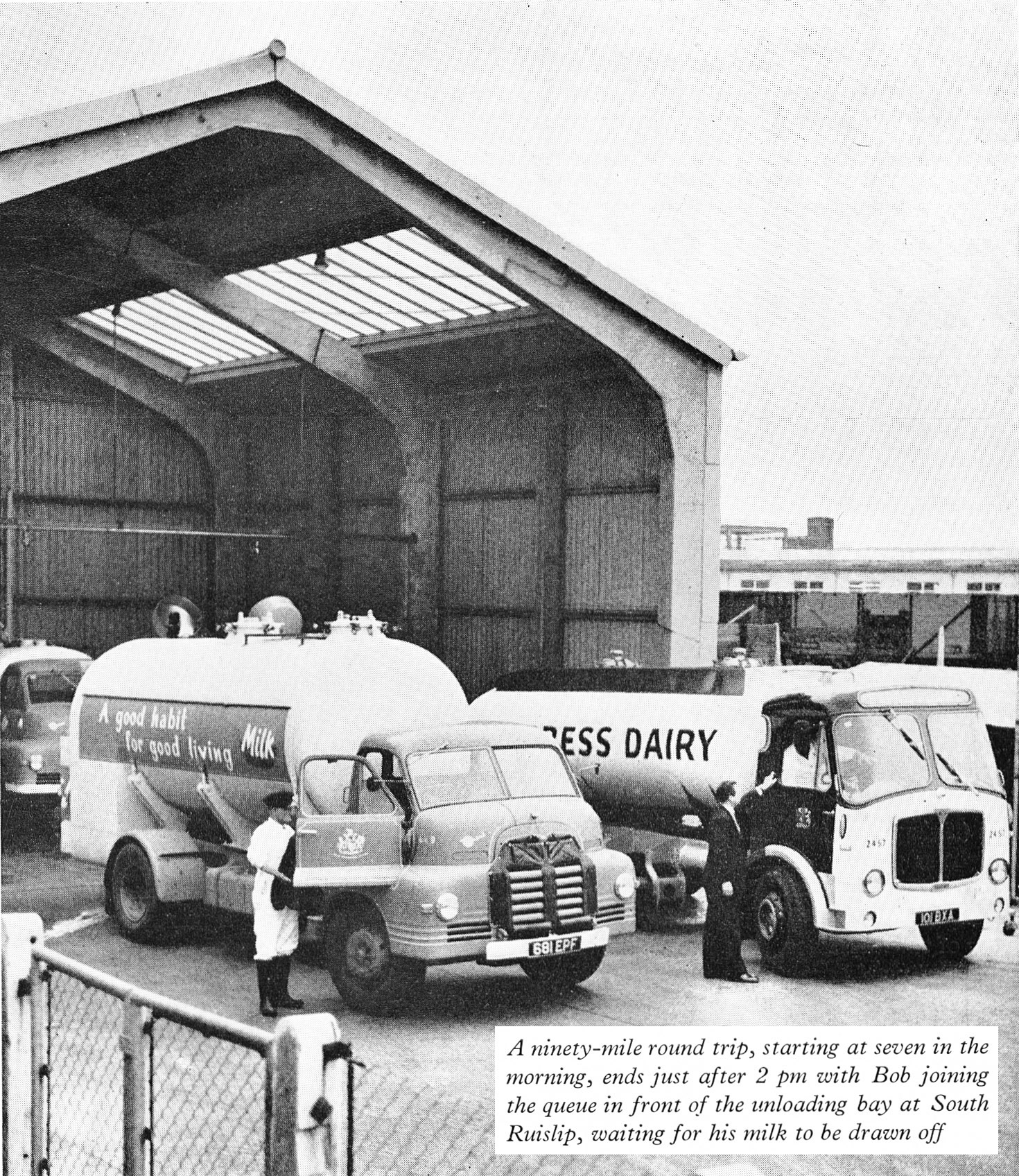 1961 First Express ex-Farm 1750 gallon bulk milk tankers-Bob Brownsell waits to unload at South Ruislip Processing with 101 BXA, Co: 2457. (Express News Summer)
