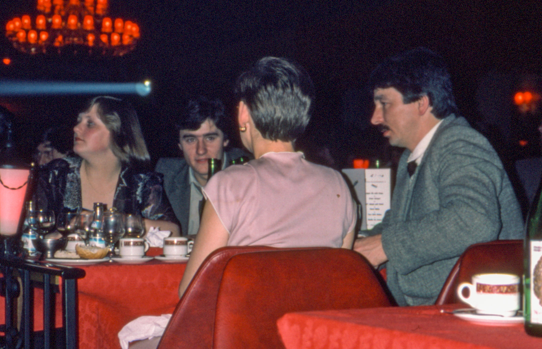 1980 South Morden-Dairy Re-equip staff celebration at Lakeside, Camberley- Gay Arnold nee Waterman (Office Manager), Gary Waterman , ?, ?. Raffaele Ralph Phillips identifies Gay Arnold nee Waterman, Bert Waterman's daughter who also worked in the dairy; at one time lived around the corner from me in Worcester Park. Her husband (next to her) was Gary, a very good plasterer. (Express Dairy Tales collection)