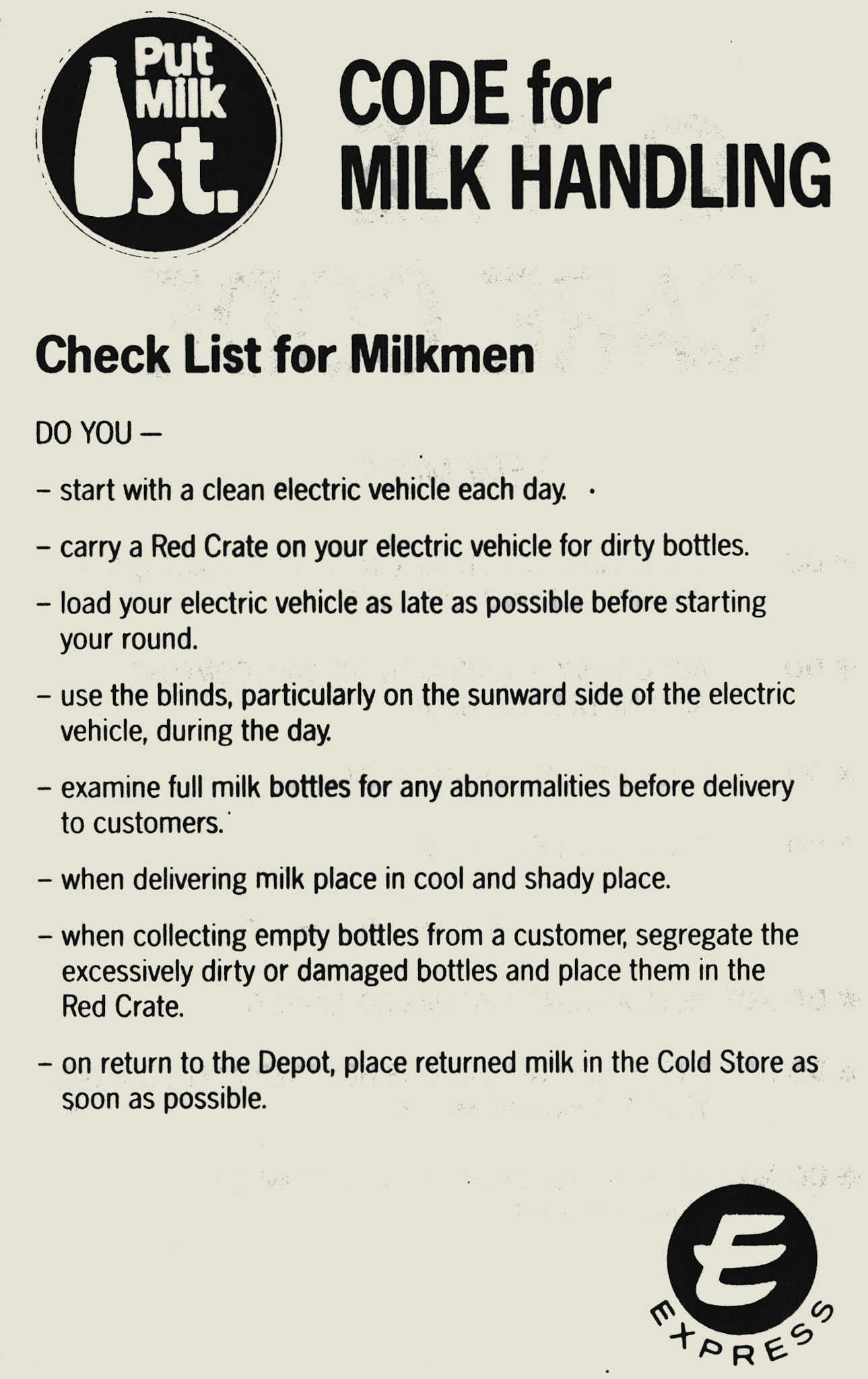 1980's? Milk Handling code for milkmen (Courtesy Michael Aldread)