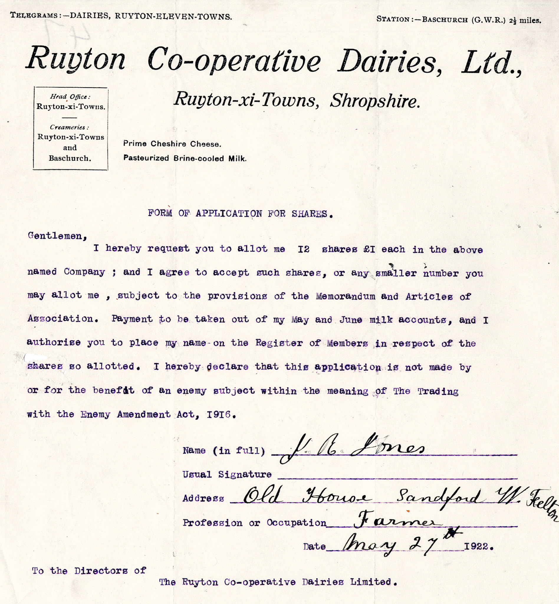 1922 Share Application from J.A. Jones, Sandford, West Felton