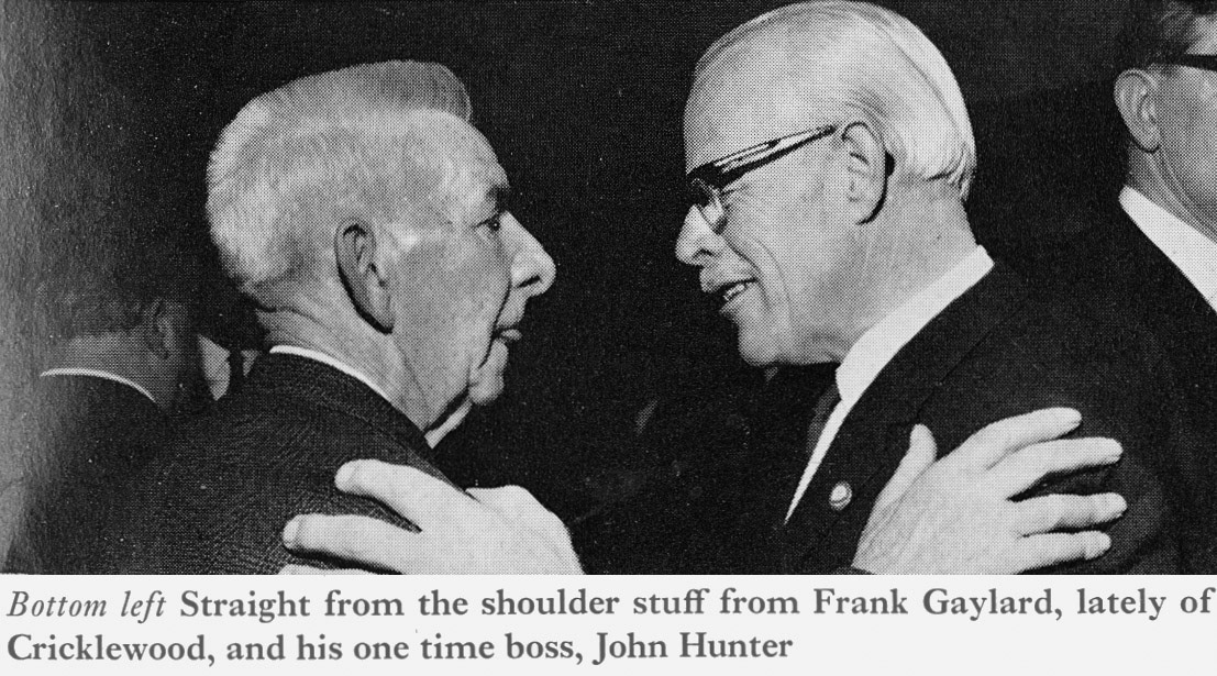 1969 Frank Gaylard with John Hunter, at Cricklewood Long Service Dinner. (Express News Summer)