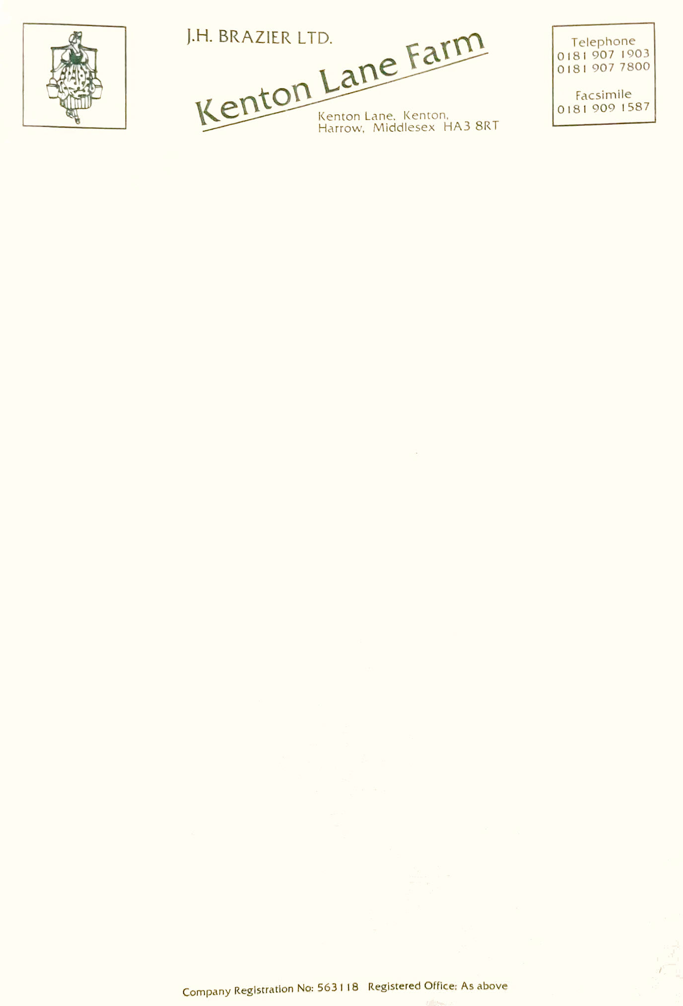 Braziers, Kenton Lane Farm letterhead. (Courtesy Paul Luke, Braziers Dairies FB)