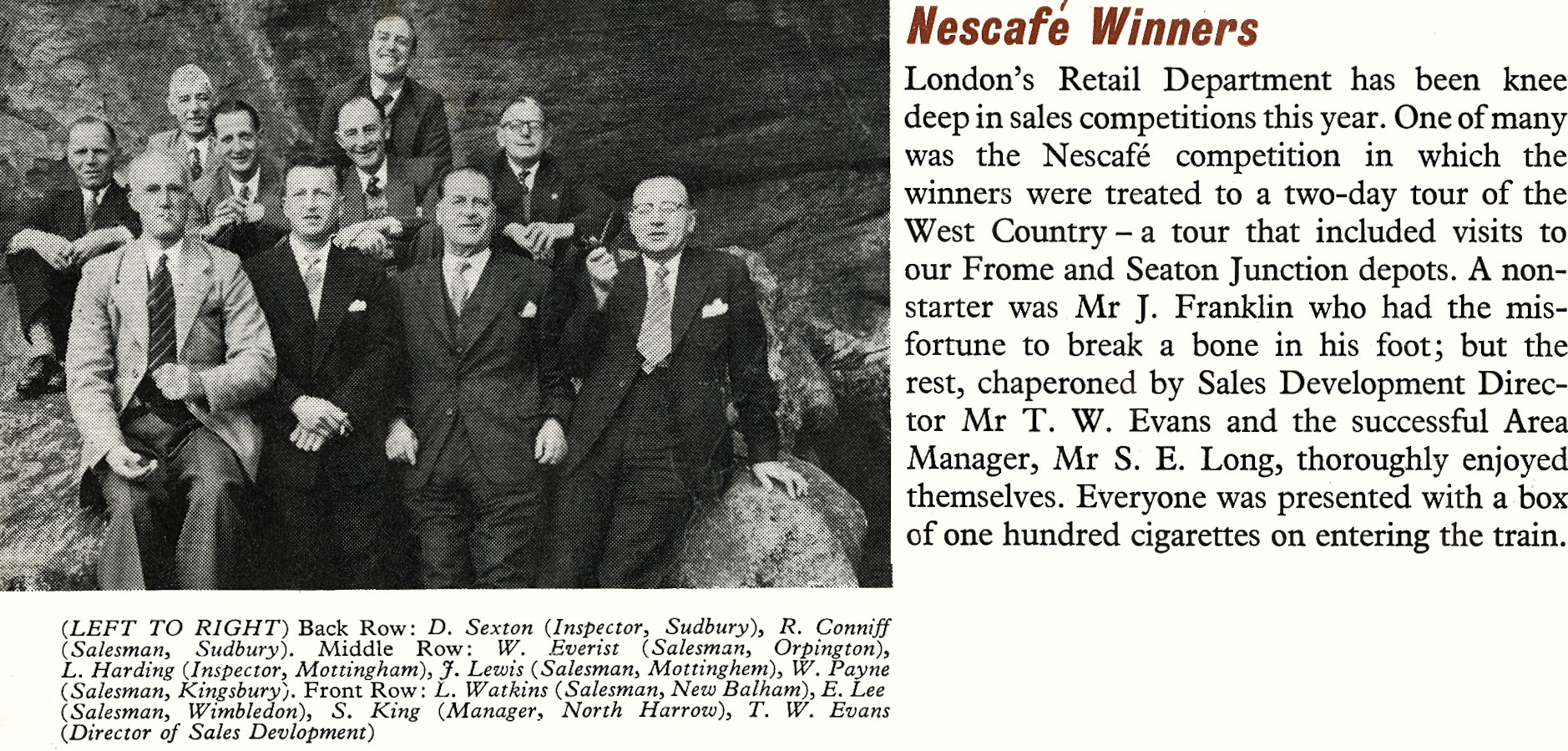 1958 London Retail Nescafe winners tour Frome and Seaton Junction. (Express News September)