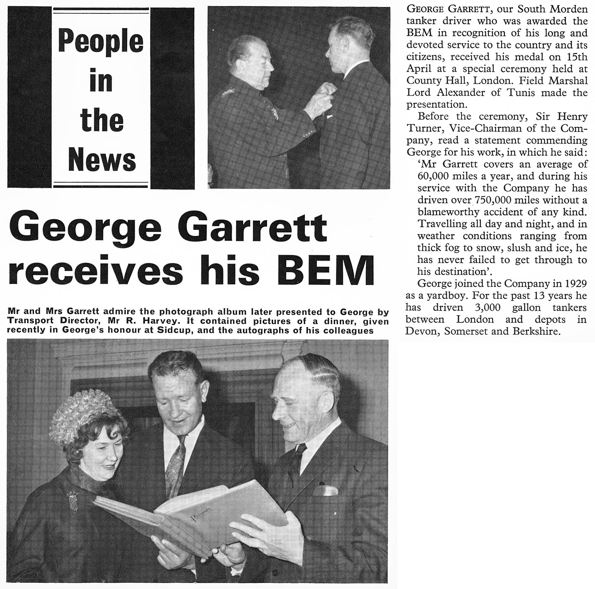 1964 South Morden tanker driver George Garrett receives the BEM. From August 'Express Extra' newsletter (Courtesy Paul Luke)