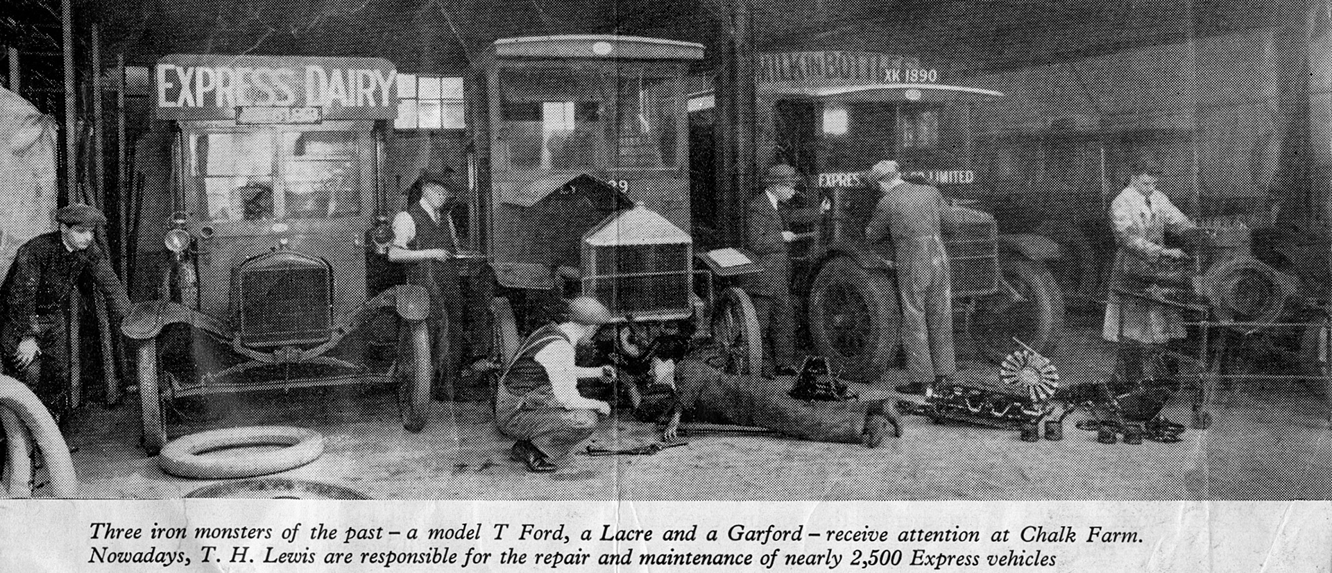 1910 ? TH Lewis maintain Express vehicles, here's a Model T Ford, a Lacre and a Garford truck.