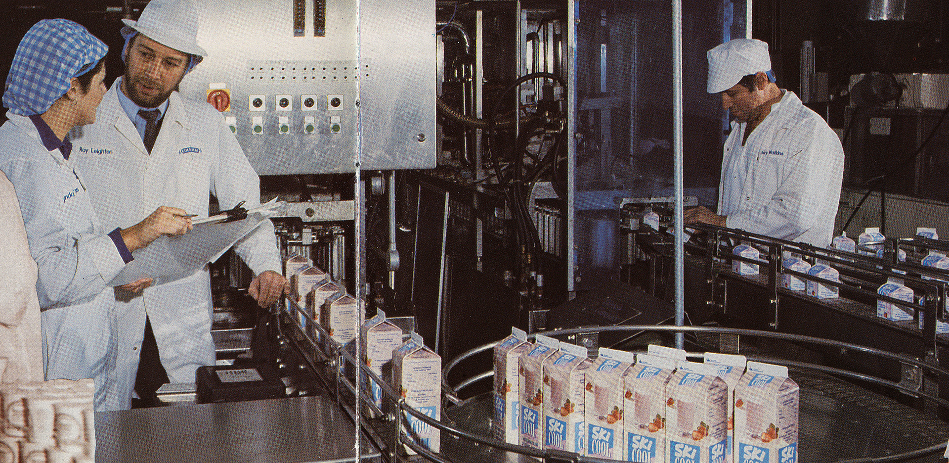 1988 Ski Cool production at Minsterley (from Ski silver Jubilee brochure). Paul Bloor comments: "Ski Cool yog drink was produced at Minsterley, 250ml for M&amp;S, and the 200ml produced on the Elopack Shikoko UM70, 7200 cartons per hr through a straw applicator then on to a carton machine(Mariarni). The larger carton, 750ml on the machine which was known as the "800", later replaced by the Excelo 220, packed by hand Department. The room still exists but is now for morning meetings and a repack area, Department Manager Ray Leighton.