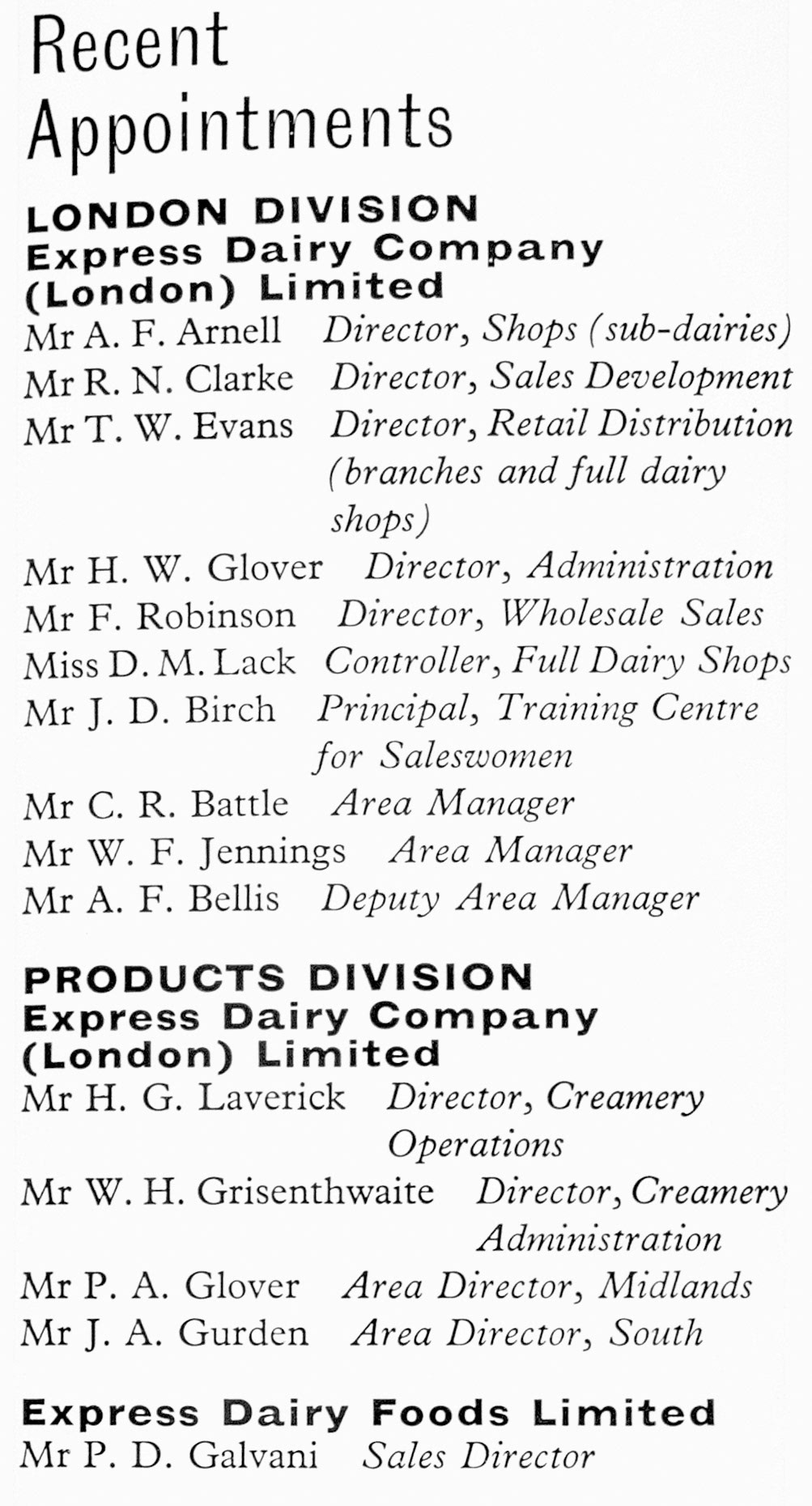 1961 Autumn Recent Appointments. (Express News Autumn)