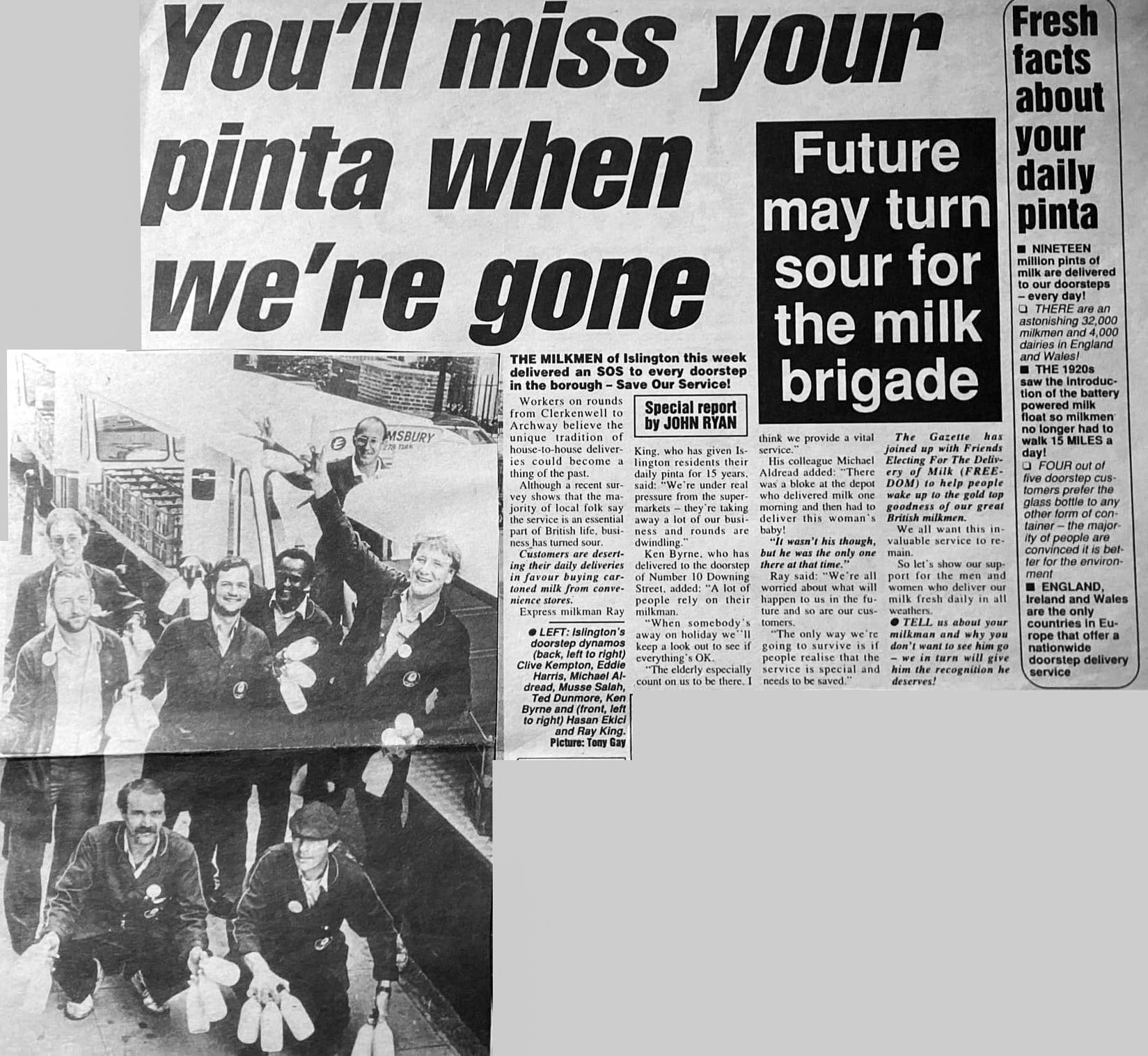 1992 Bloomsbury, Michael Aldread comments "Found these old newspaper clippings of our quest to save the local milkman-Bloomsbury, outside Islington town hall. Me in the middle surrounded by my colleagues-at the back Clive Kempton, Eddie Harris, Michael Aldread, Musse Salah, Ted Dunmore and Ken Byrne. At the front-Hasan Ekici and Ray King." (Courtesy Michael Aldread)