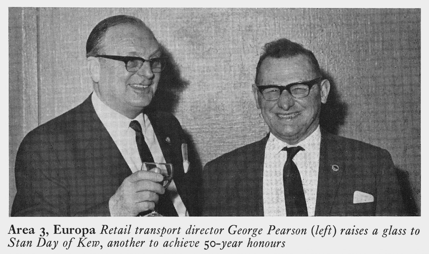 1972 Retail Transport Director George Pearson with Stan Day of Kew branch at London Merit and Service Dinner.(Express News Summer)