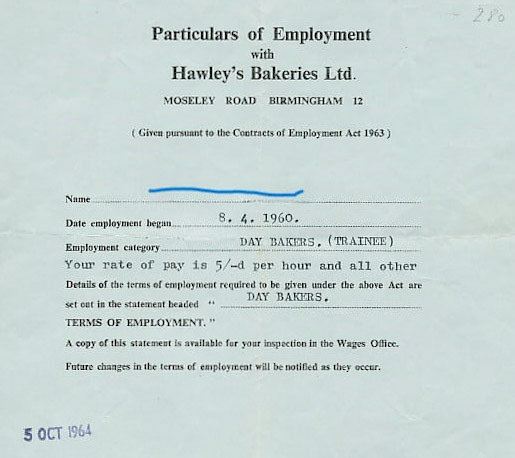 1960 Hawley's Bakeries, Moseley Road, Birmingham-Employment Particulars for Trainee Day Baker at 5s/ hour. (Courtesy Andy Sintome)