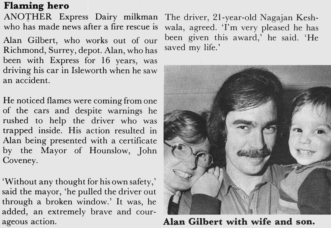 1981 Richmond milkman Alan Gilbert presented with a bravery certificate. (Express News July)