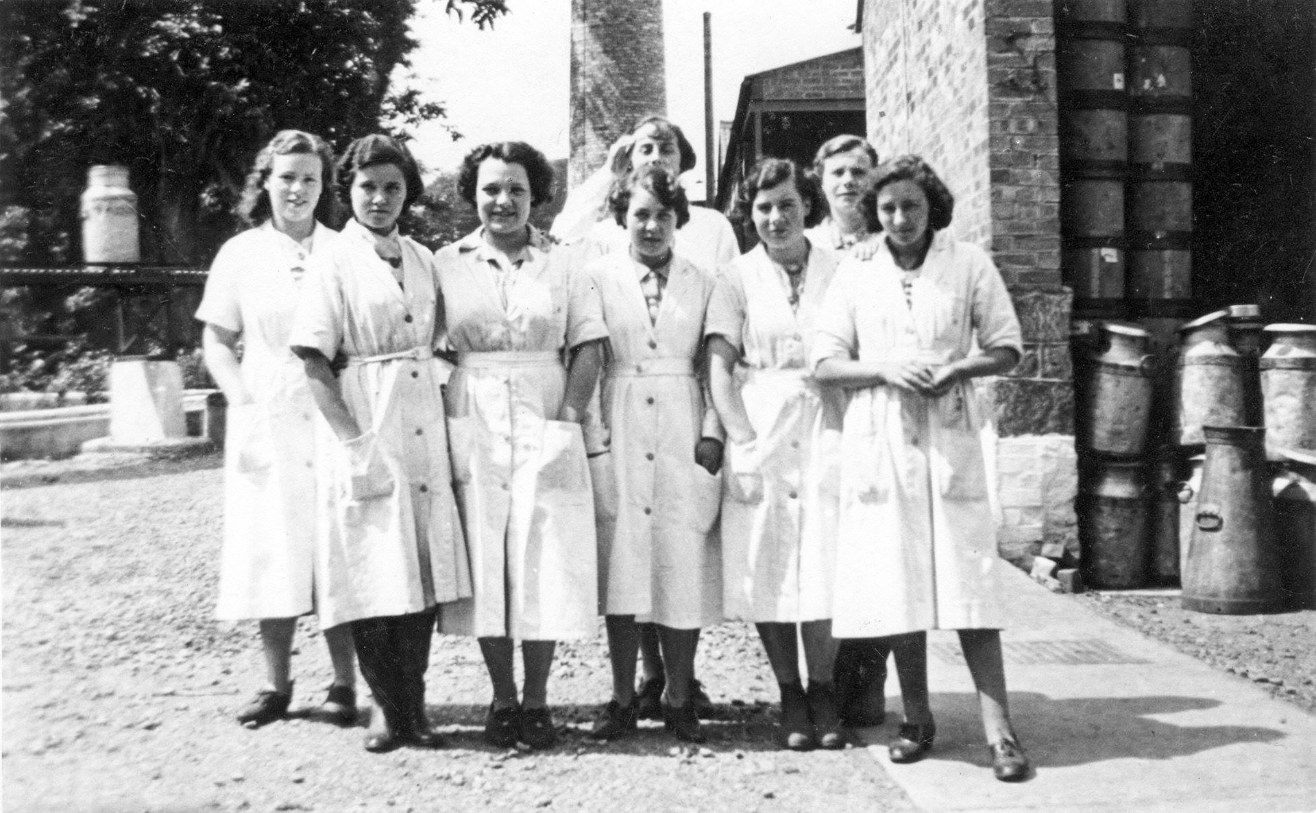 1950's? Ruyton staff. First names are left to right: Phyllis, Margery, Bell, Jean, Dorothy (James, nee Roberts), Kitty, Kathleen, Muriel (Beddows). (Courtesy Margaret Lycett and Dorothy James, Ruyton Revisited FB Group)