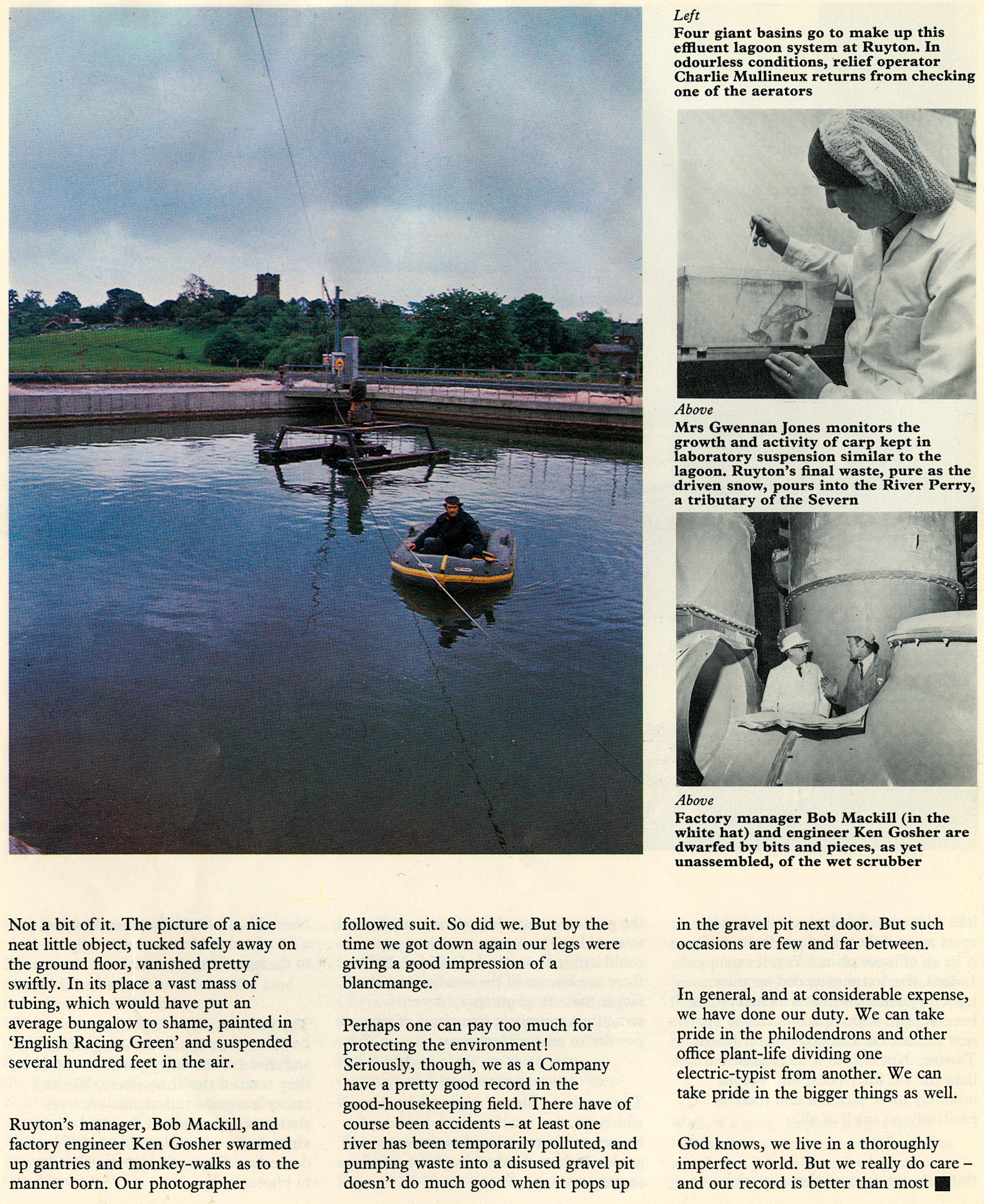 1975 Effluent Lagoon at Ruyton, with Charlie Mullineux in the dinghy, Gwennan Jones in the laboratory, and Factory Manager Bob Mackill and engineer Ken Gosher.