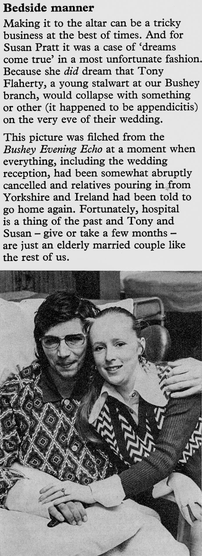 1975 Bushey milkman Tony Flaherty missed his wedding following illness, as reported by his bride Susan Pratt. (Express News Christmas)