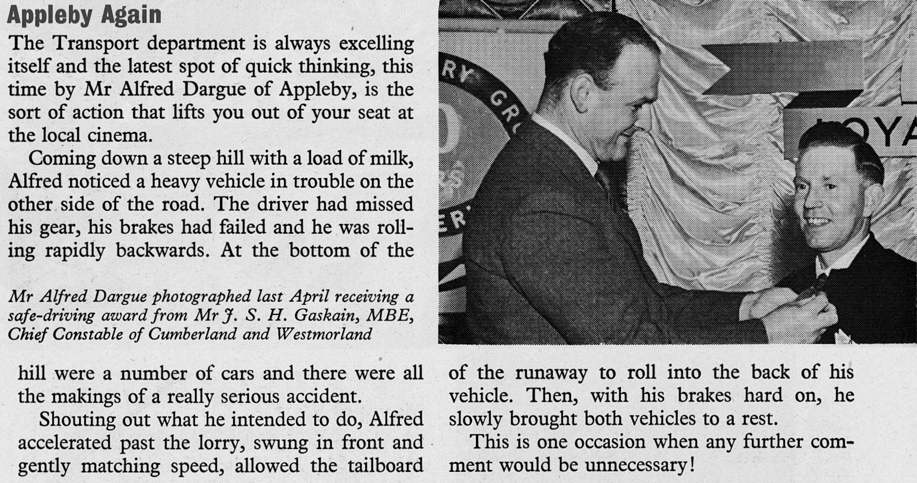 1958 Alfred Dargue wins award for safe driving