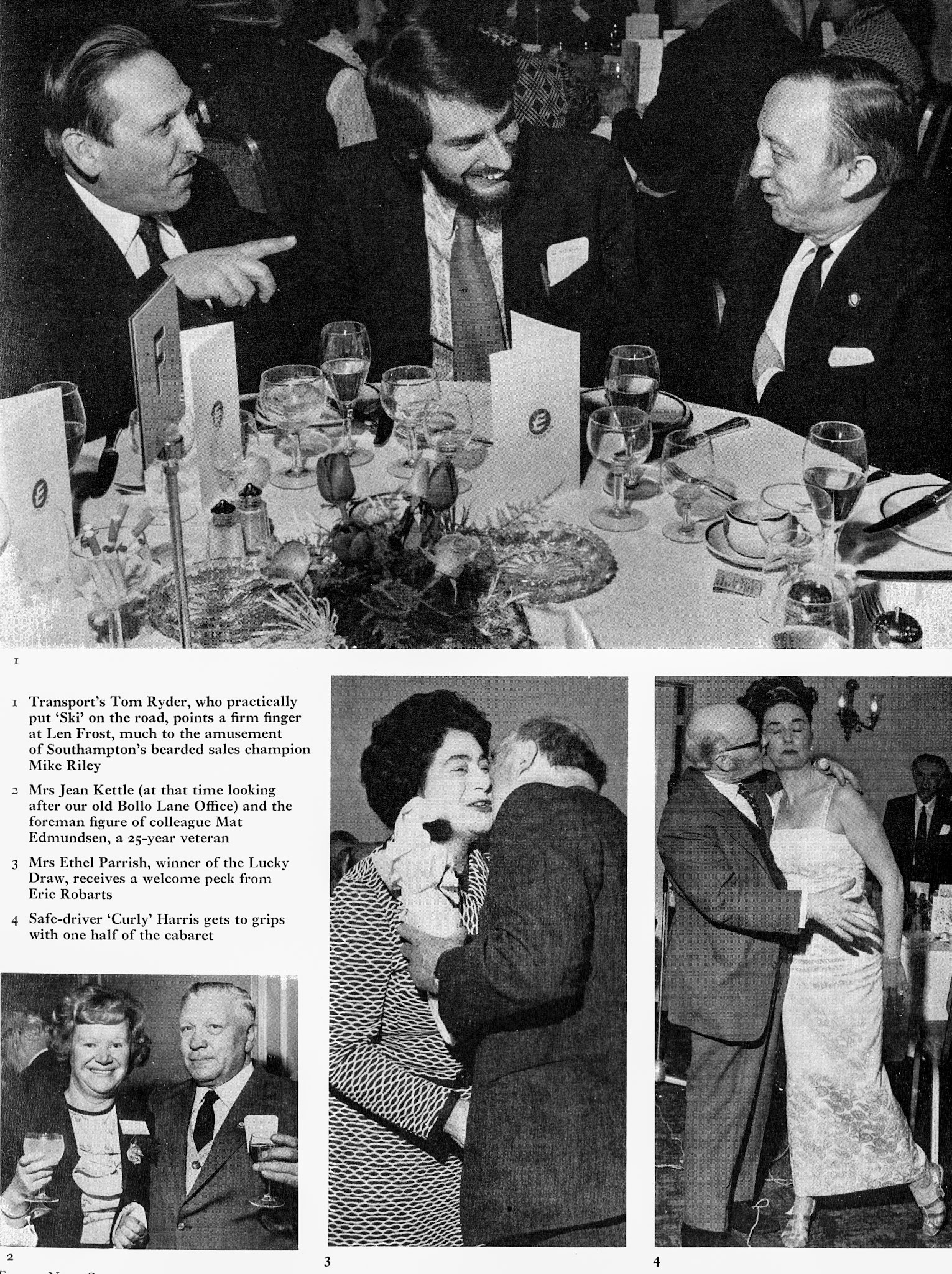1973 London Long Service presentation at the Mayfair Hotel, with Tom Ryder, Len Frost, Mike Riley, Jean Kettle, Mat Edmundsen, Ethel Parrish, Eric Robarts and 'Curly' Harris. (Express News Summer)