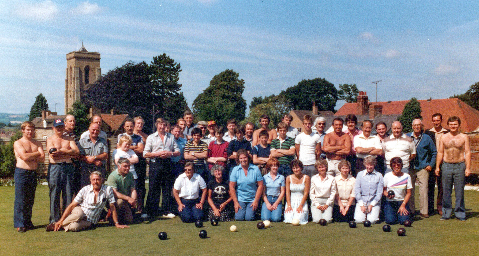 1980's Minsterley Bowling Club. Andrew Stephens comments "I think this might have been taken on the Bowling Green behind Emlyn Jones butchers shop in Pontesbury? Anna Marie Lawson confirms. Andrew Stephens adds "This is probably from around 1980/1. Recognise the following I think... Dave Povey, Graham Price, Wallace Betton, Bill Lewis, Emlyn Jones,Shaun Miller, Eddie Rees, Andrew Stephens, Colin Morrell, Ray Bourne, Tony Poole, Peter Pierce, Bob Watkin, Charlie Overton, Jane Roberts, Steve Williams". Jen Haigh adds "My Dad, Graham Price, standing 3rd from left." (Courtesy Joe Lyons)