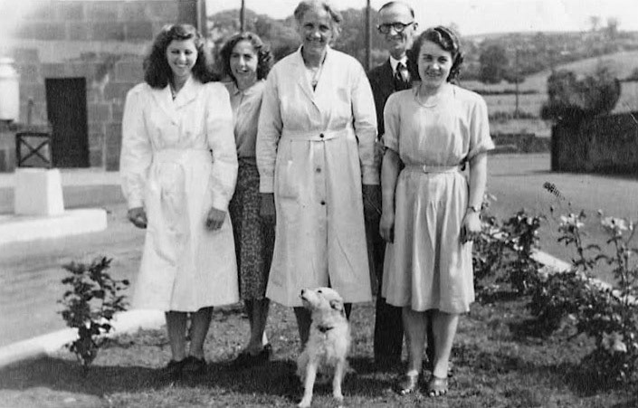 1950s' Kraft Dairy, Ruyton. L-R Mary Humphreys, ?, Mary Evans, Mr Caldwell, Dorothy James, née Roberts.