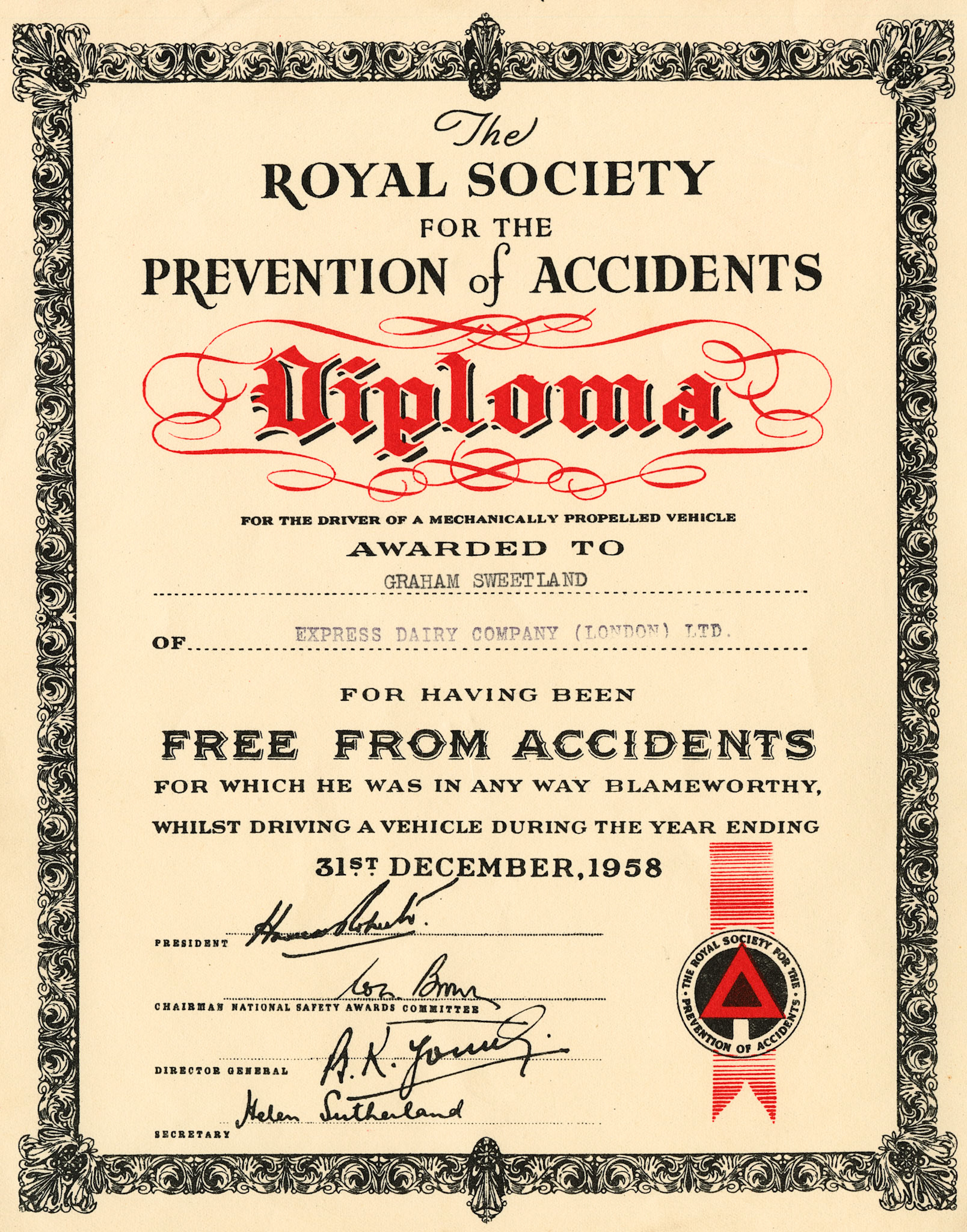 1952 to 1961 Royal Society for the Prevention of Accidents certificates from 1952 to 1961 for members of the Sweetland family at Seaton Junction. (Courtesy Keith Sweetland)